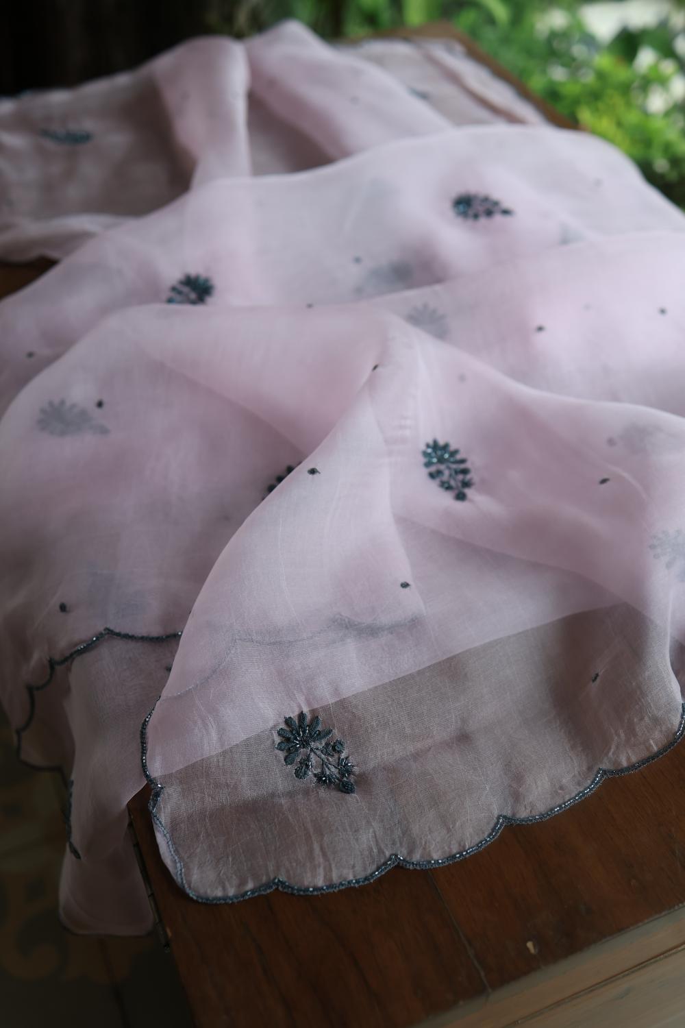 Baby Pink Noor Organza Silk Chikankari Unstitched Kurta Dupatta Set