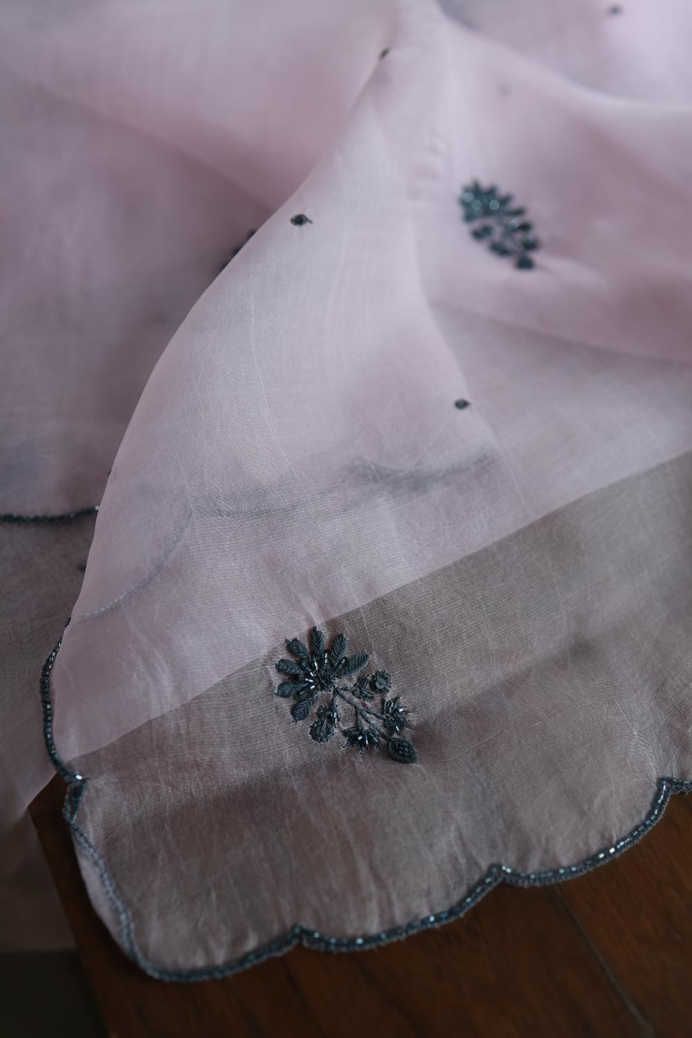 Baby Pink Noor Organza Silk Chikankari Unstitched Kurta Dupatta Set