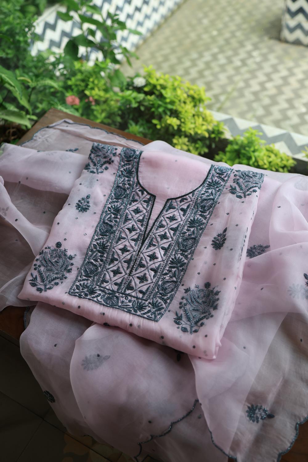 Baby Pink Noor Organza Silk Chikankari Unstitched Kurta Dupatta Set