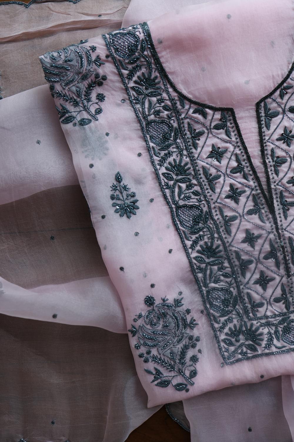 Baby Pink Noor Organza Silk Chikankari Unstitched Kurta Dupatta Set