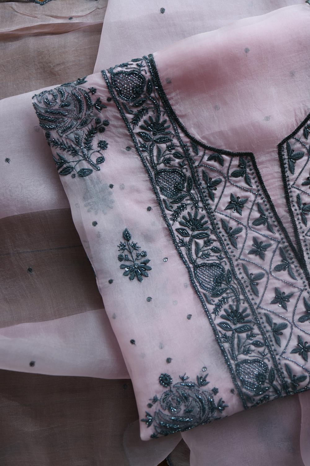 Baby Pink Noor Organza Silk Chikankari Unstitched Kurta Dupatta Set
