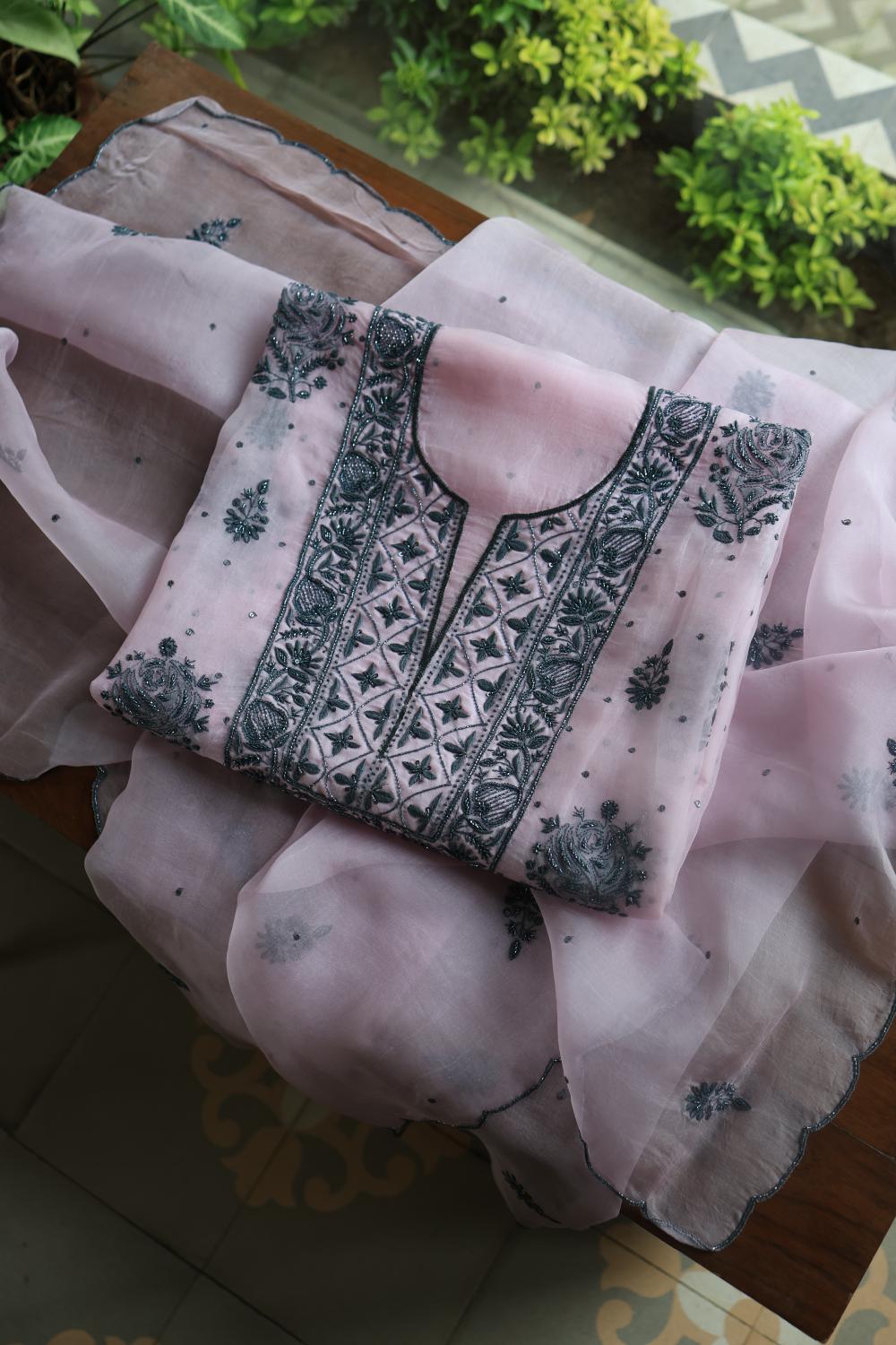 Baby Pink Noor Organza Silk Chikankari Unstitched Kurta Dupatta Set