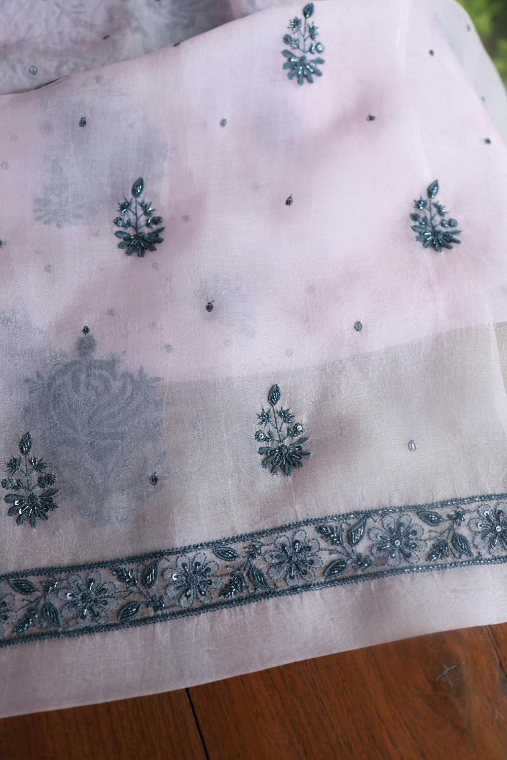 Baby Pink Noor Organza Silk Chikankari Unstitched Kurta Dupatta Set