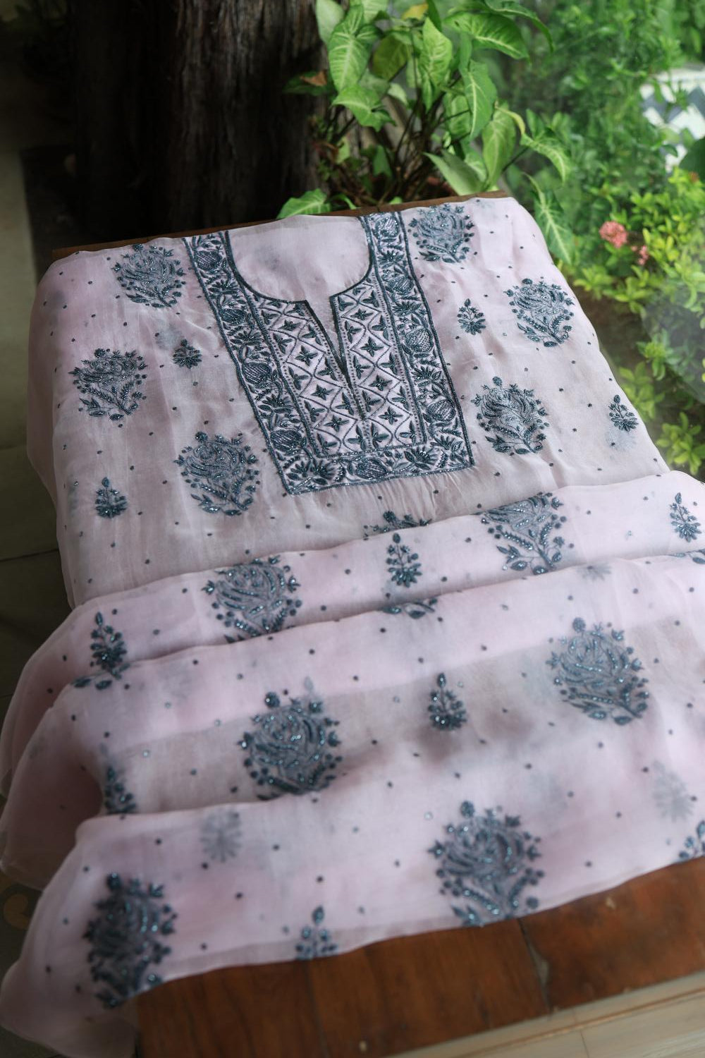 Baby Pink Noor Organza Silk Chikankari Unstitched Kurta Dupatta Set