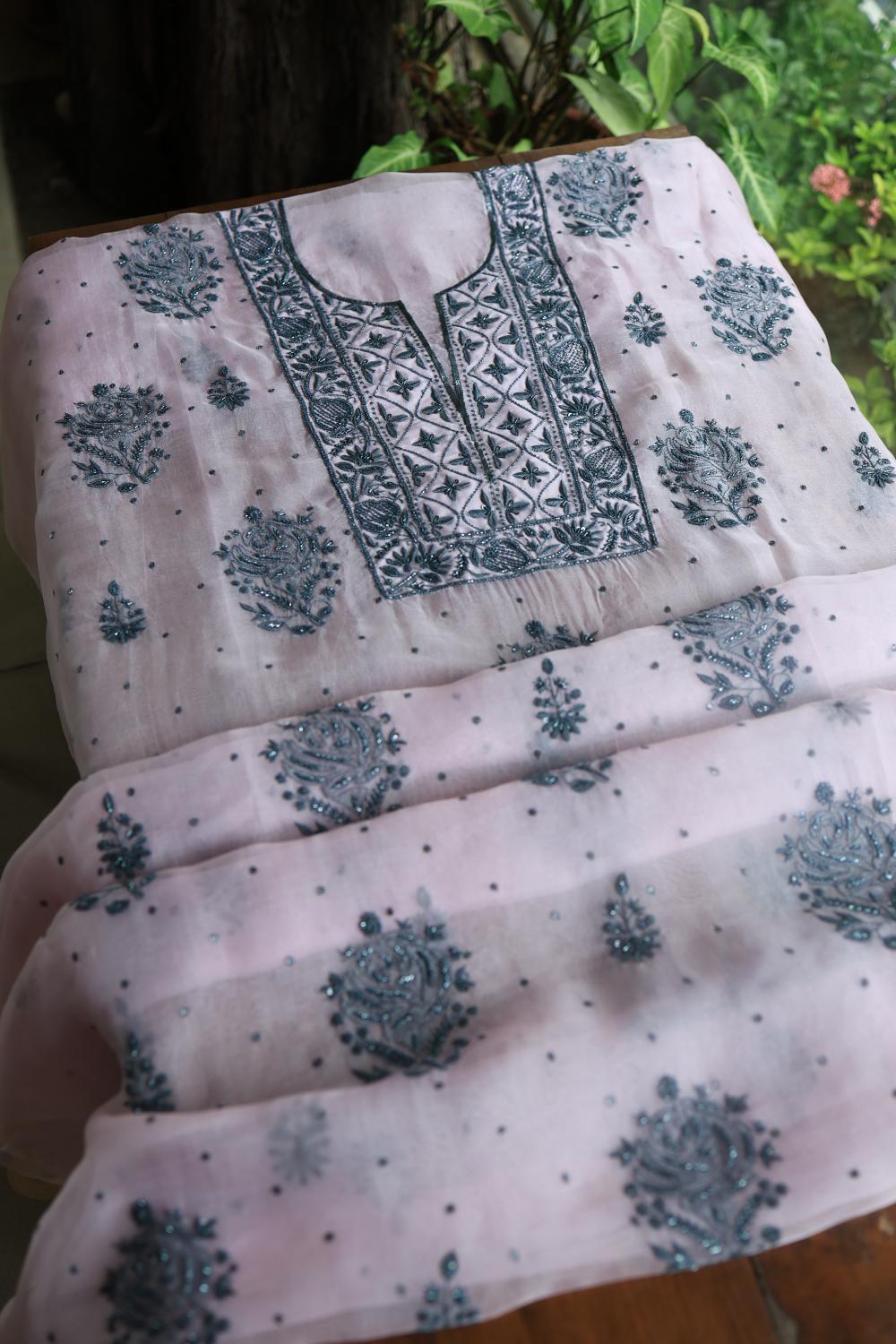 Baby Pink Noor Organza Silk Chikankari Unstitched Kurta Dupatta Set