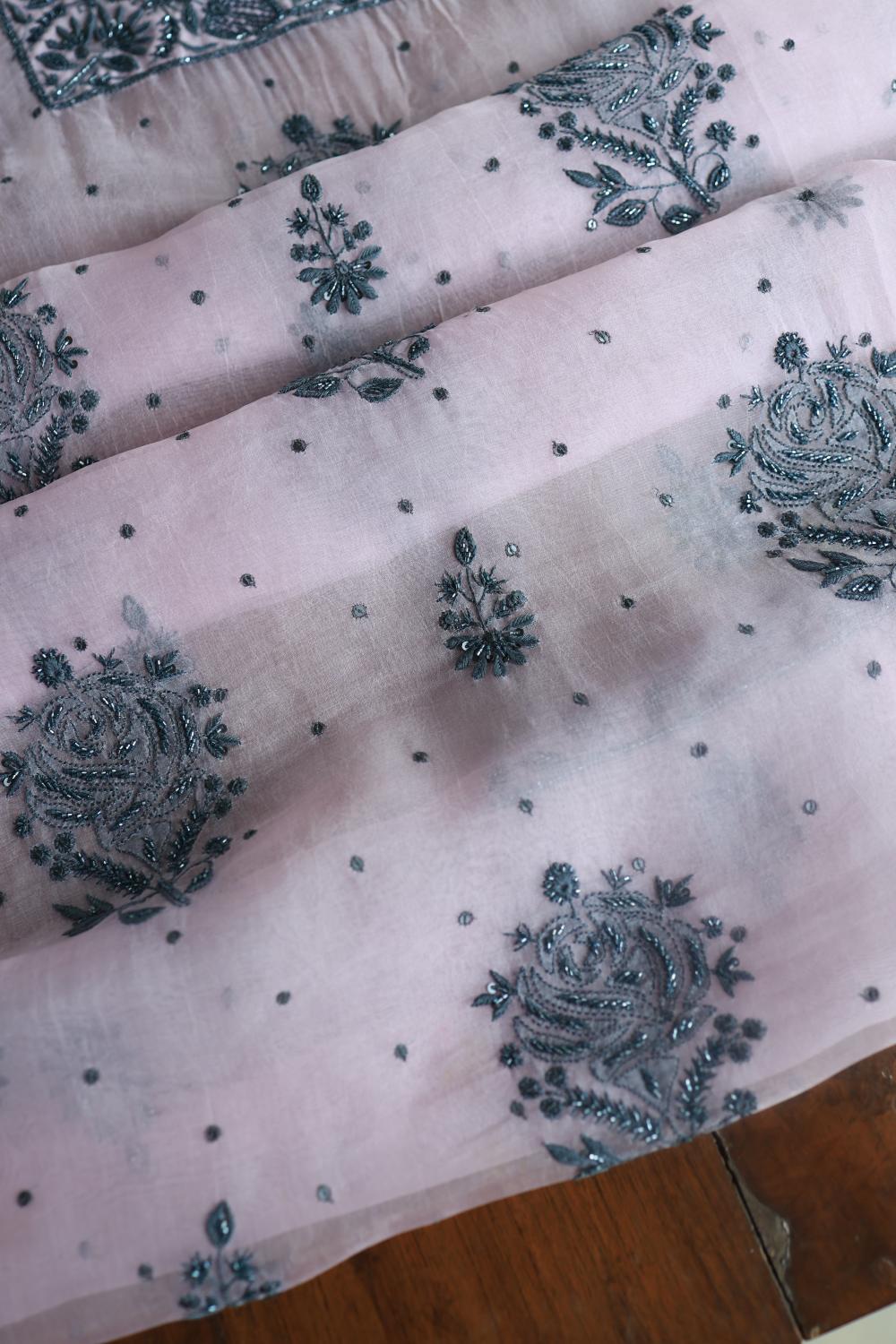 Baby Pink Noor Organza Silk Chikankari Unstitched Kurta Dupatta Set