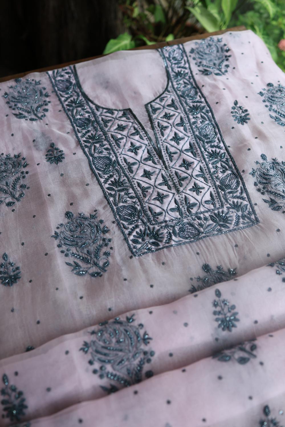 Baby Pink Noor Organza Silk Chikankari Unstitched Kurta Dupatta Set
