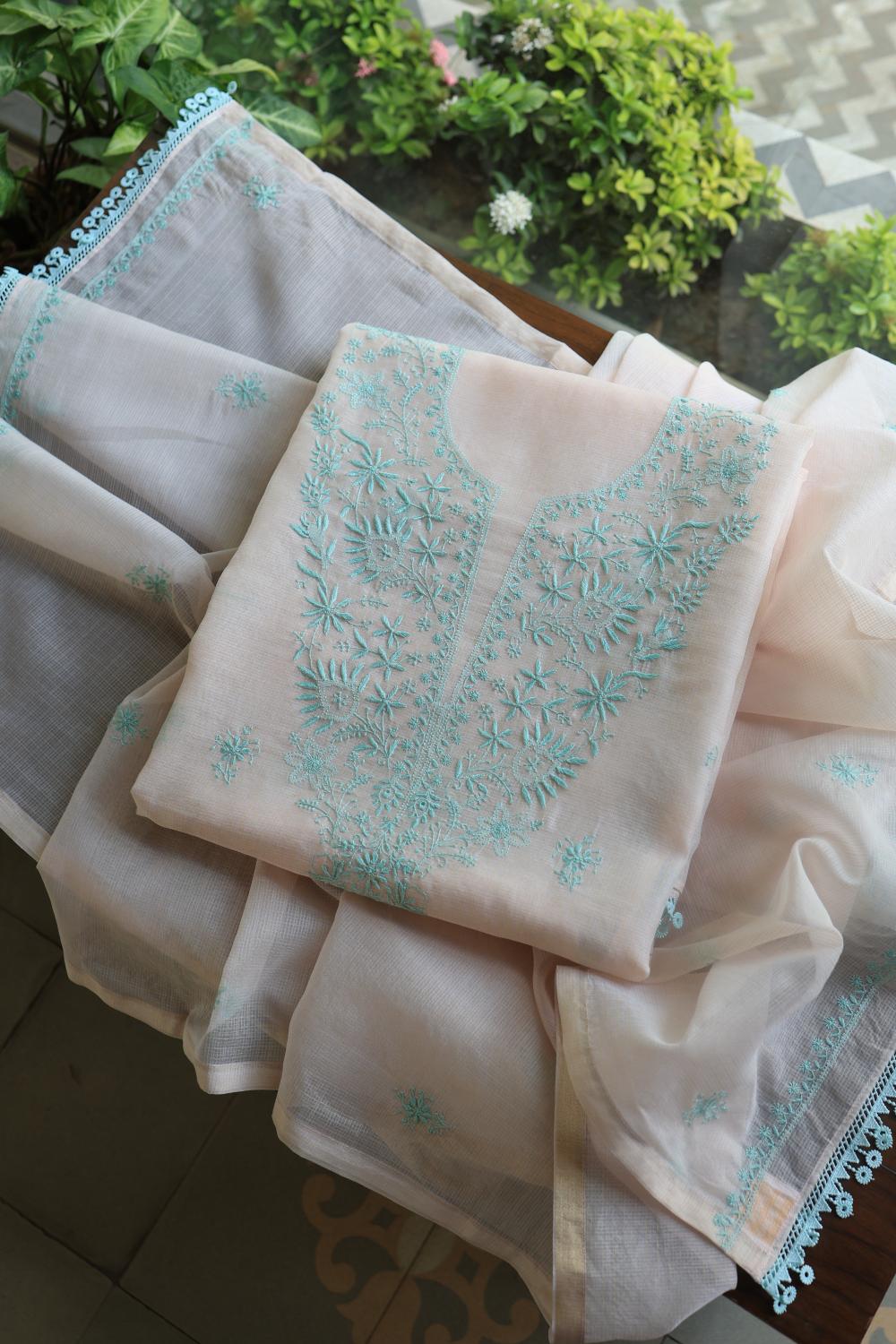 Baby Pink & Sea Green Kota Chikankari Unstitched Fabric