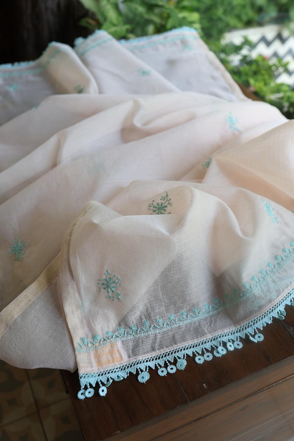 Baby Pink & Sea Green Kota Chikankari Unstitched Fabric