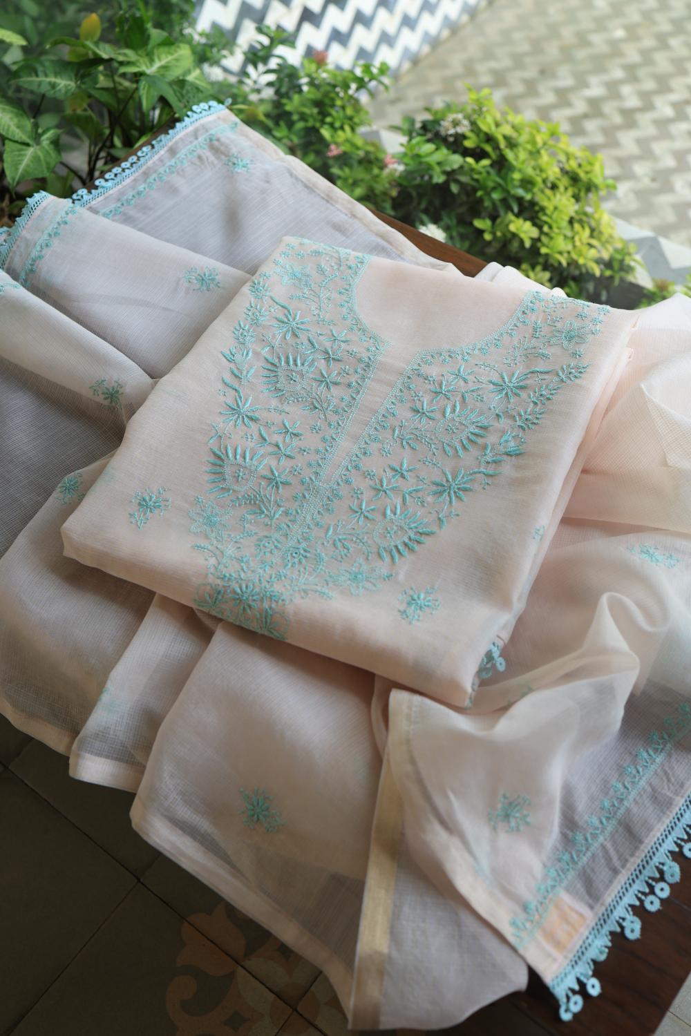 Baby Pink & Sea Green Kota Chikankari Unstitched Fabric