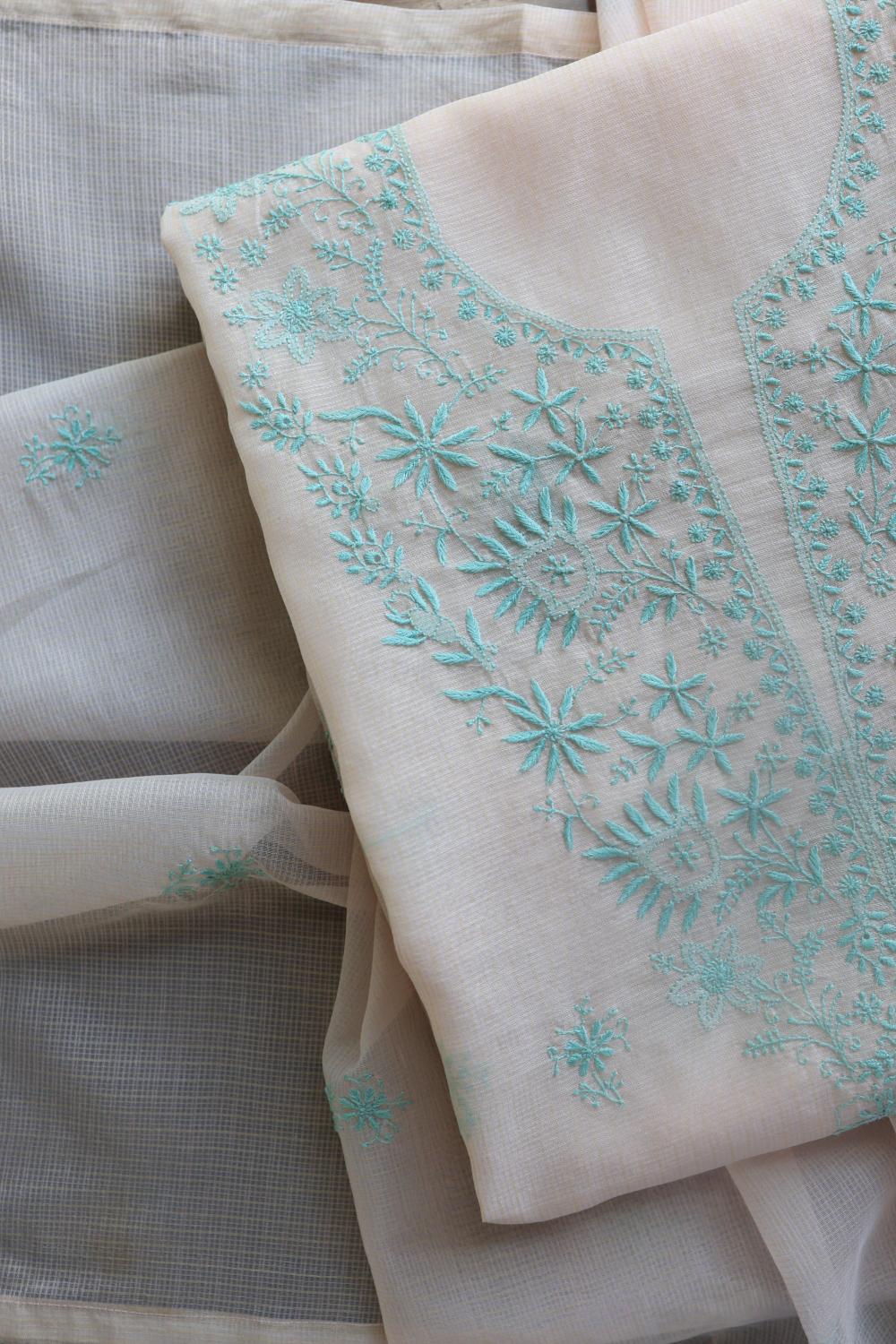 Baby Pink & Sea Green Kota Chikankari Unstitched Fabric