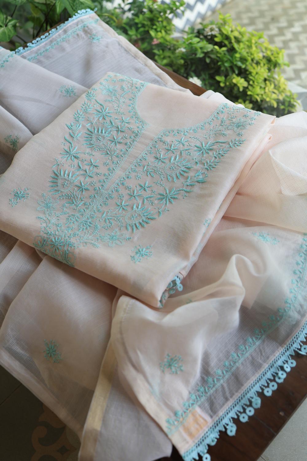 Baby Pink & Sea Green Kota Chikankari Unstitched Fabric