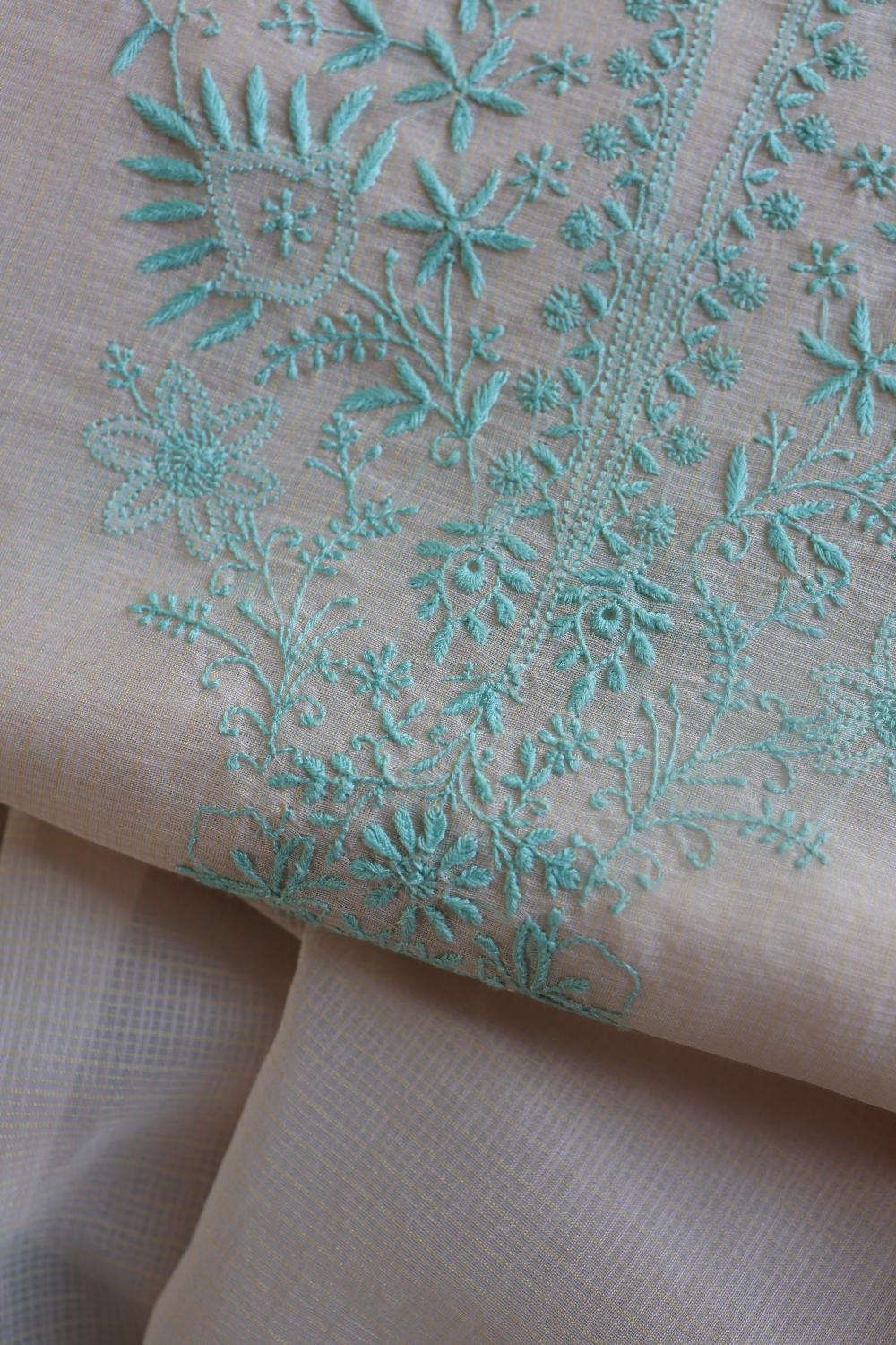 Baby Pink & Sea Green Kota Chikankari Unstitched Fabric