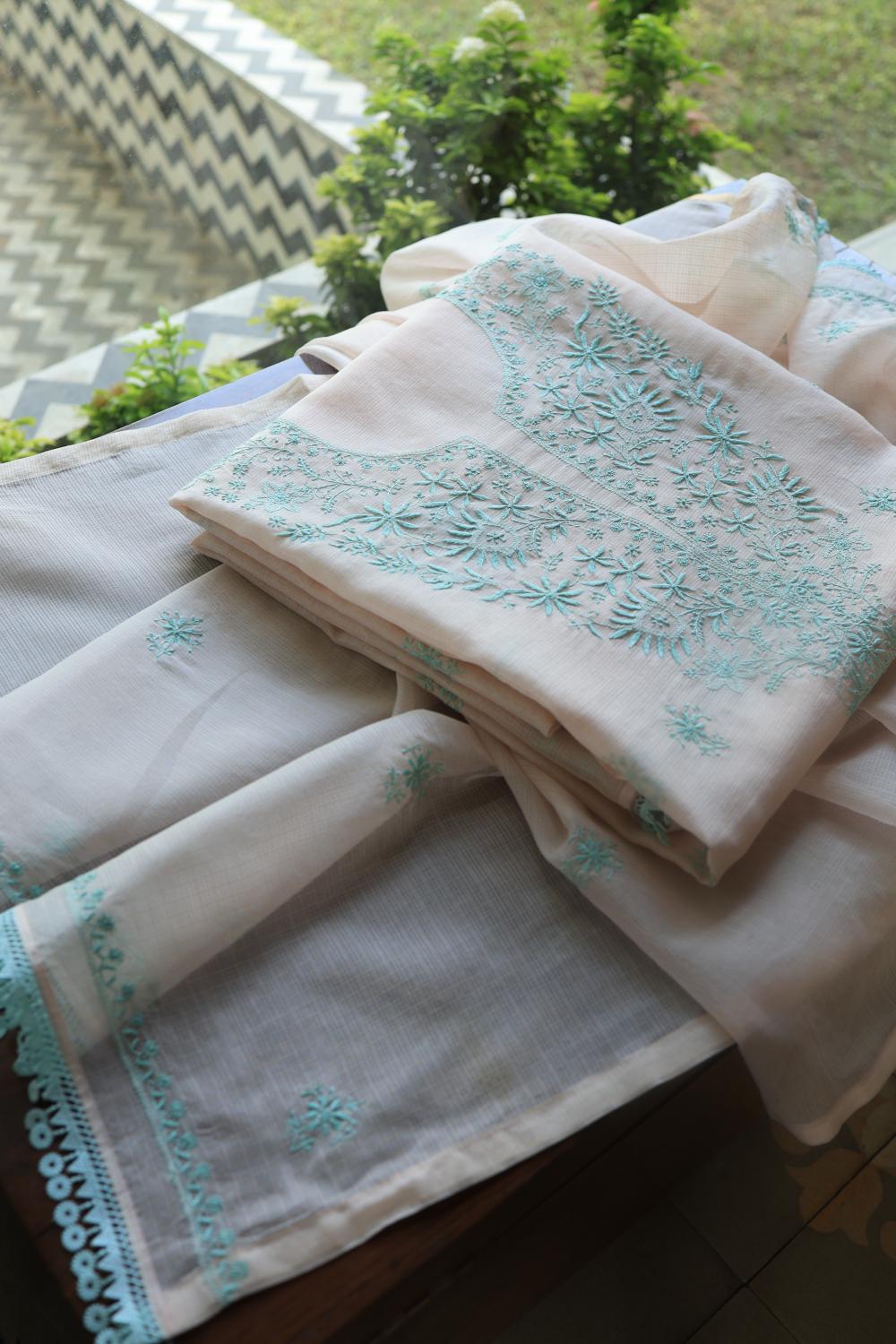 Baby Pink & Sea Green Kota Chikankari Unstitched Fabric