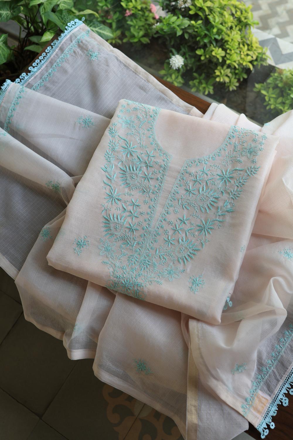 Baby Pink & Sea Green Kota Chikankari Unstitched Fabric