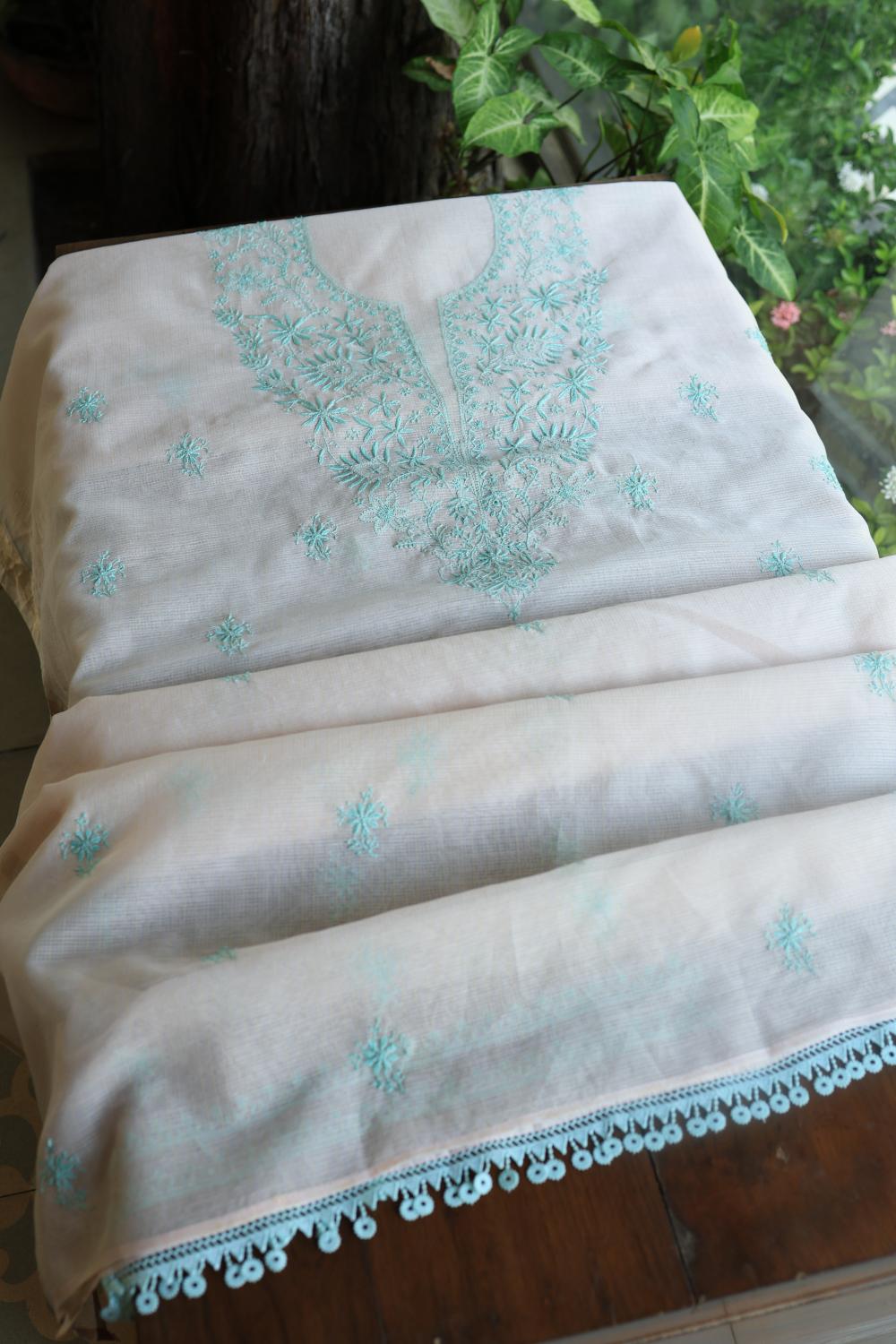 Baby Pink & Sea Green Kota Chikankari Unstitched Fabric