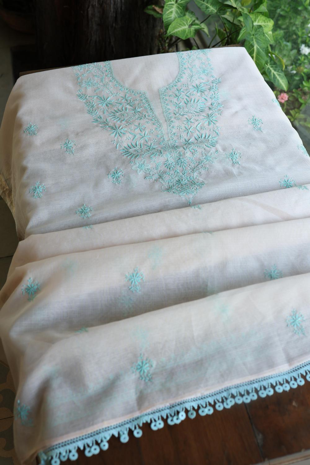 Baby Pink & Sea Green Kota Chikankari Unstitched Fabric