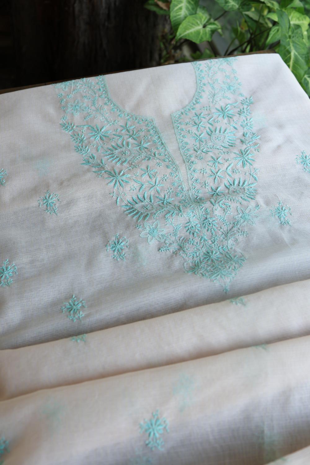 Baby Pink & Sea Green Kota Chikankari Unstitched Fabric
