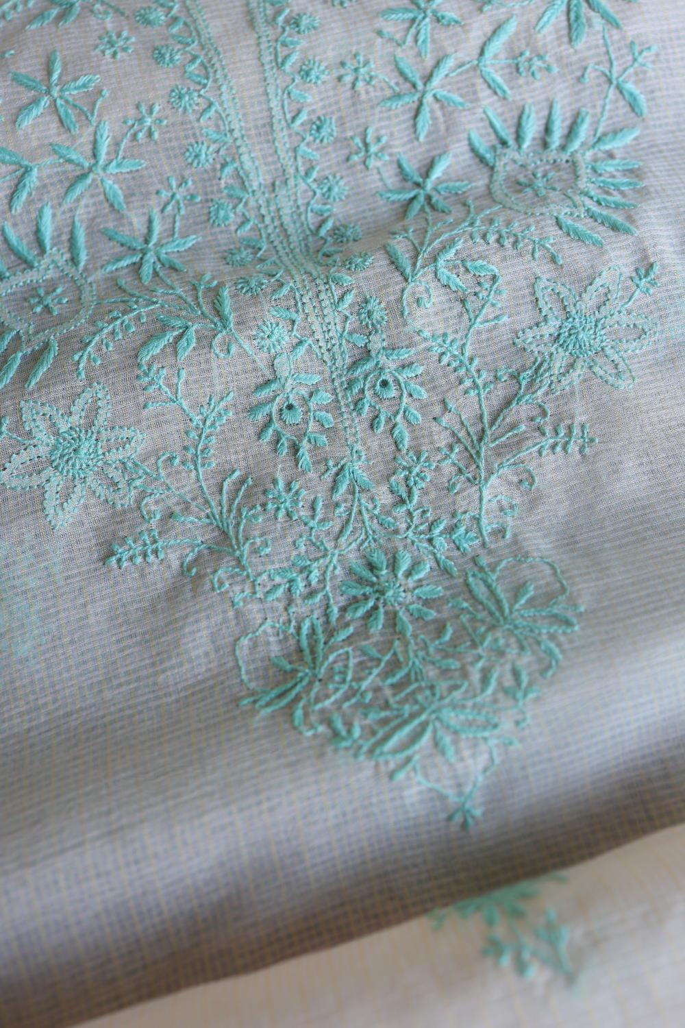 Baby Pink & Sea Green Kota Chikankari Unstitched Fabric