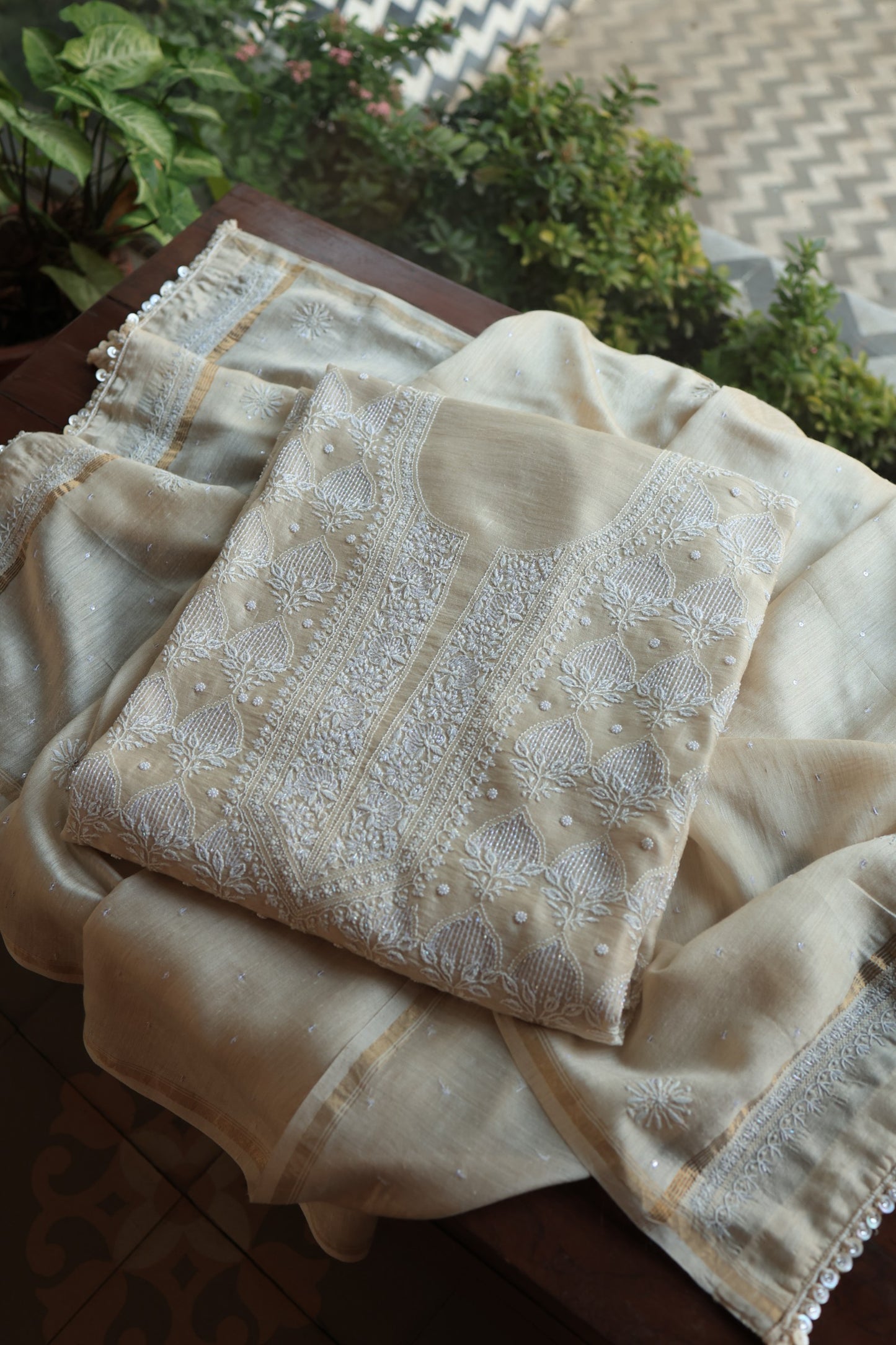 Basak Natural Moonga Silk Chikankari Unstitched Kurta Dupatta Fabric