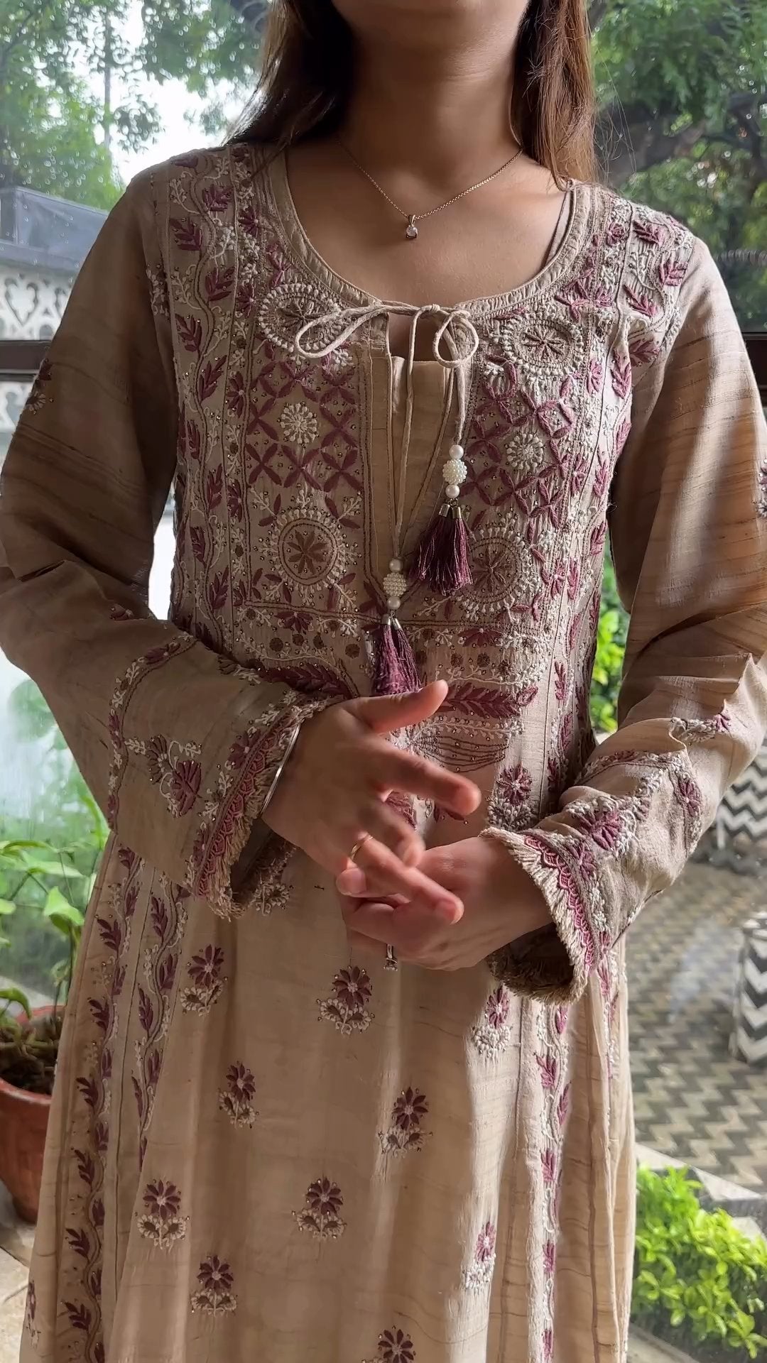 Basak Natural Tussar Silk Kalidar Chikankari Kurta Dupatta Set With Mukaish Kamdani