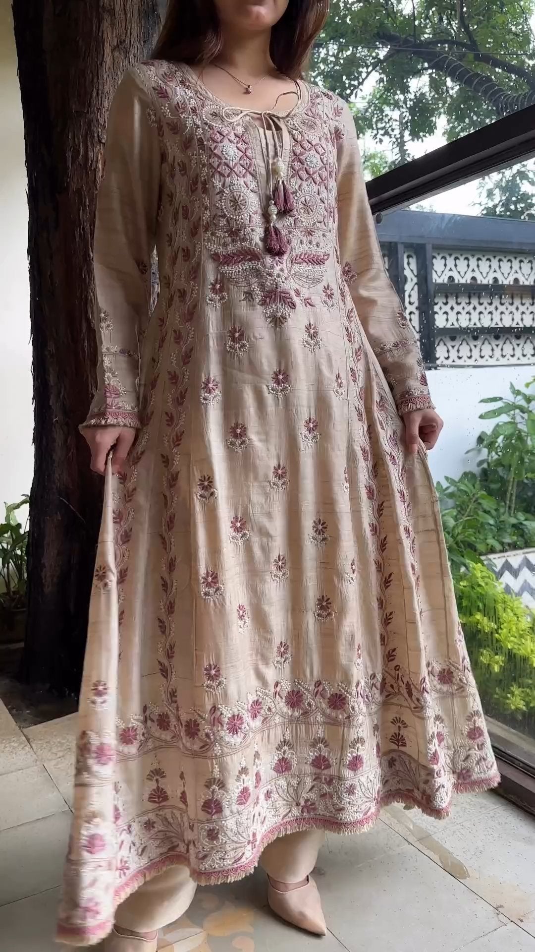 Basak Natural Tussar Silk Kalidar Chikankari Kurta Dupatta Set With Mukaish Kamdani