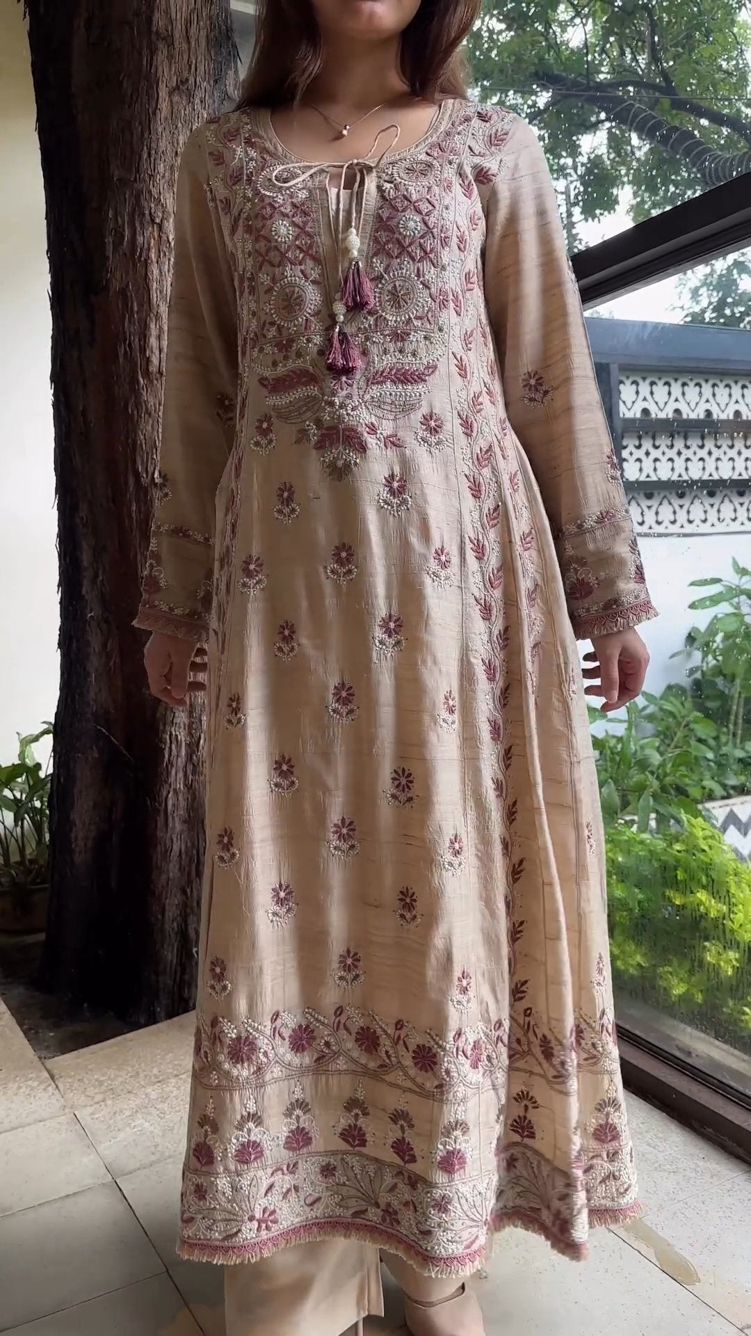 Basak Natural Tussar Silk Kalidar Chikankari Kurta Dupatta Set With Mukaish Kamdani