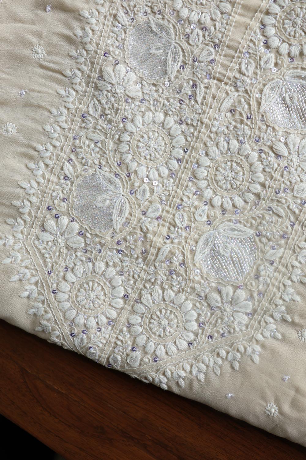 Beige Cotton Chikankari Unstitched Kurta Fabrics