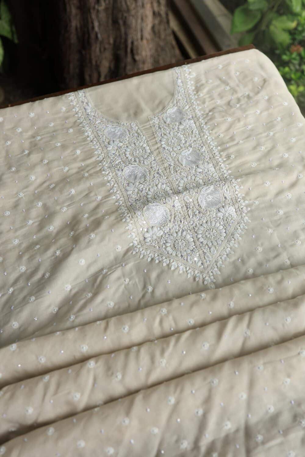 Beige Cotton Chikankari Unstitched Kurta Fabrics