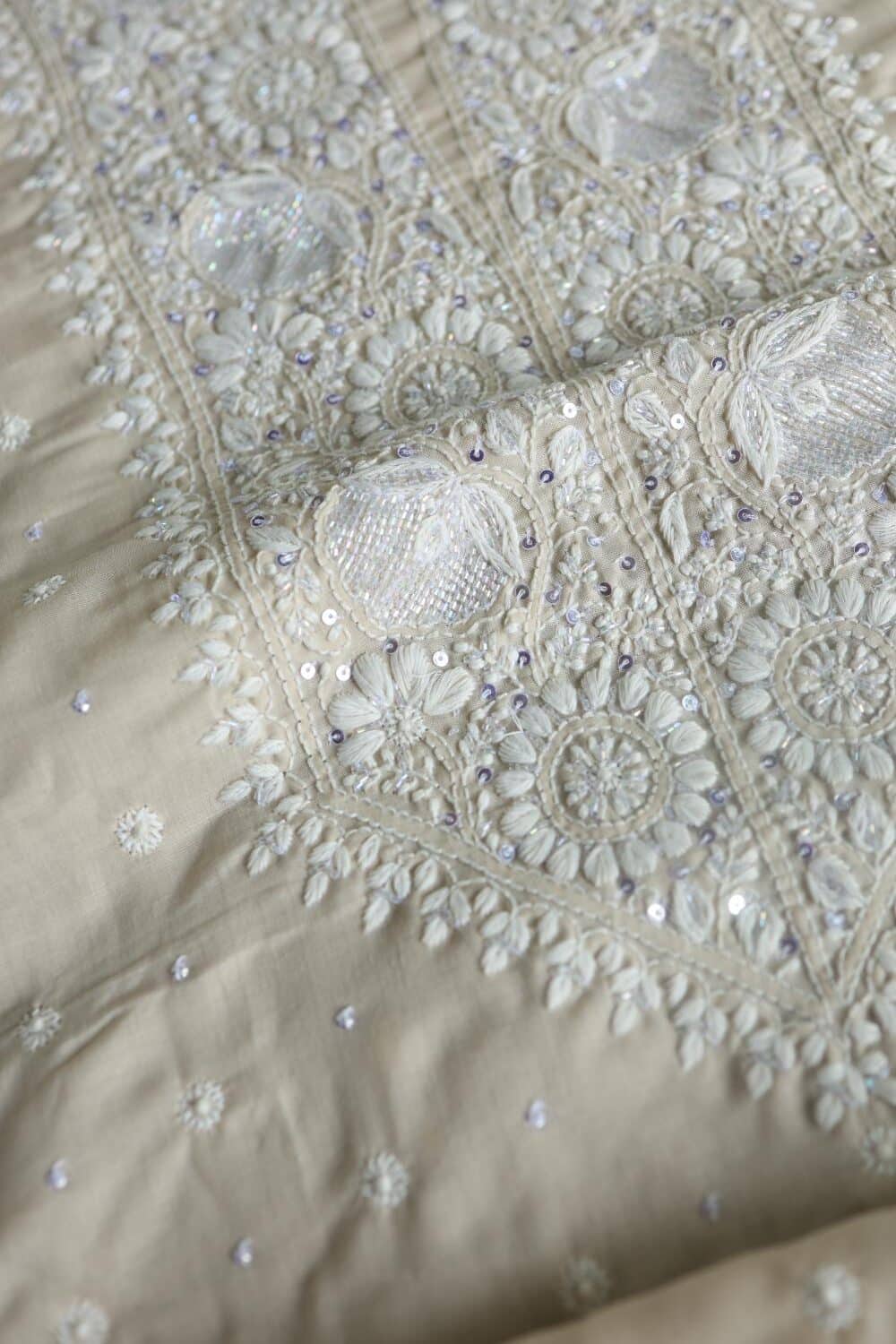 Beige Cotton Chikankari Unstitched Kurta Fabrics