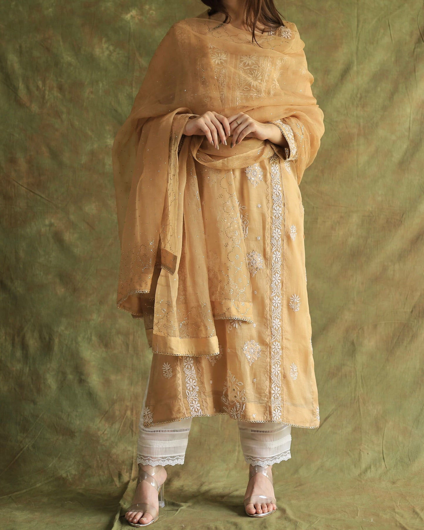 Beige Noor Organza Applique Chikankari Mukaish Kurta Dupatta Set
