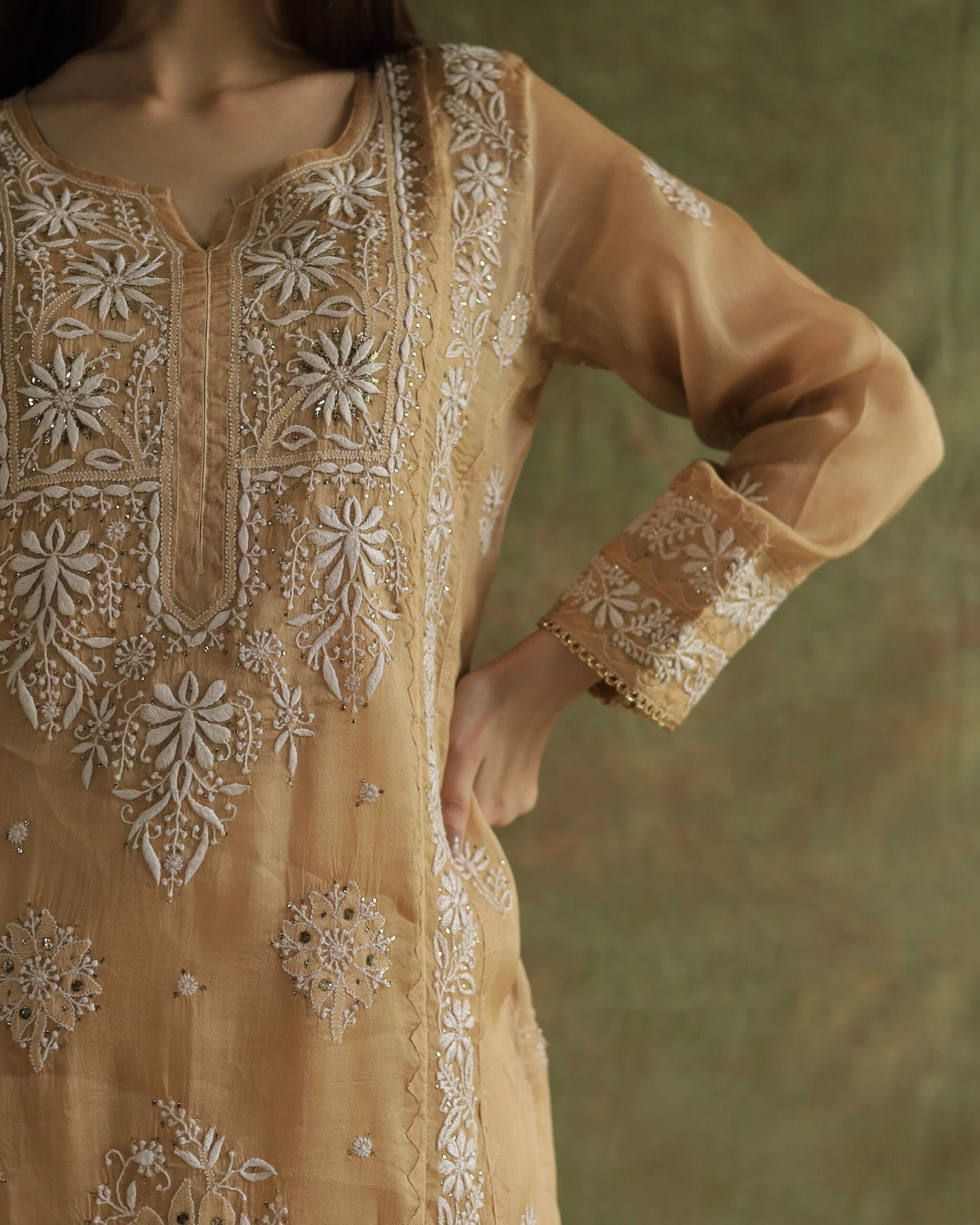 Beige Noor Organza Applique Chikankari Mukaish Kurta Dupatta Set
