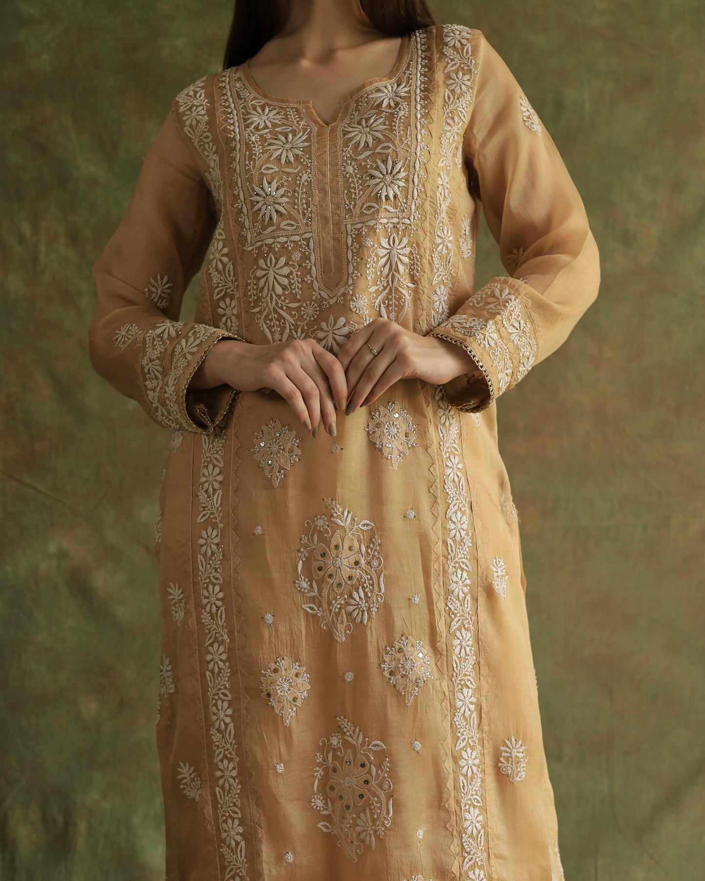 Beige Noor Organza Applique Chikankari Mukaish Kurta Dupatta Set