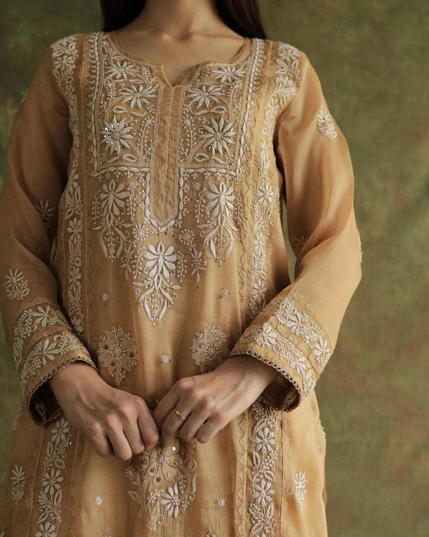Beige Noor Organza Applique Chikankari Mukaish Kurta Dupatta Set