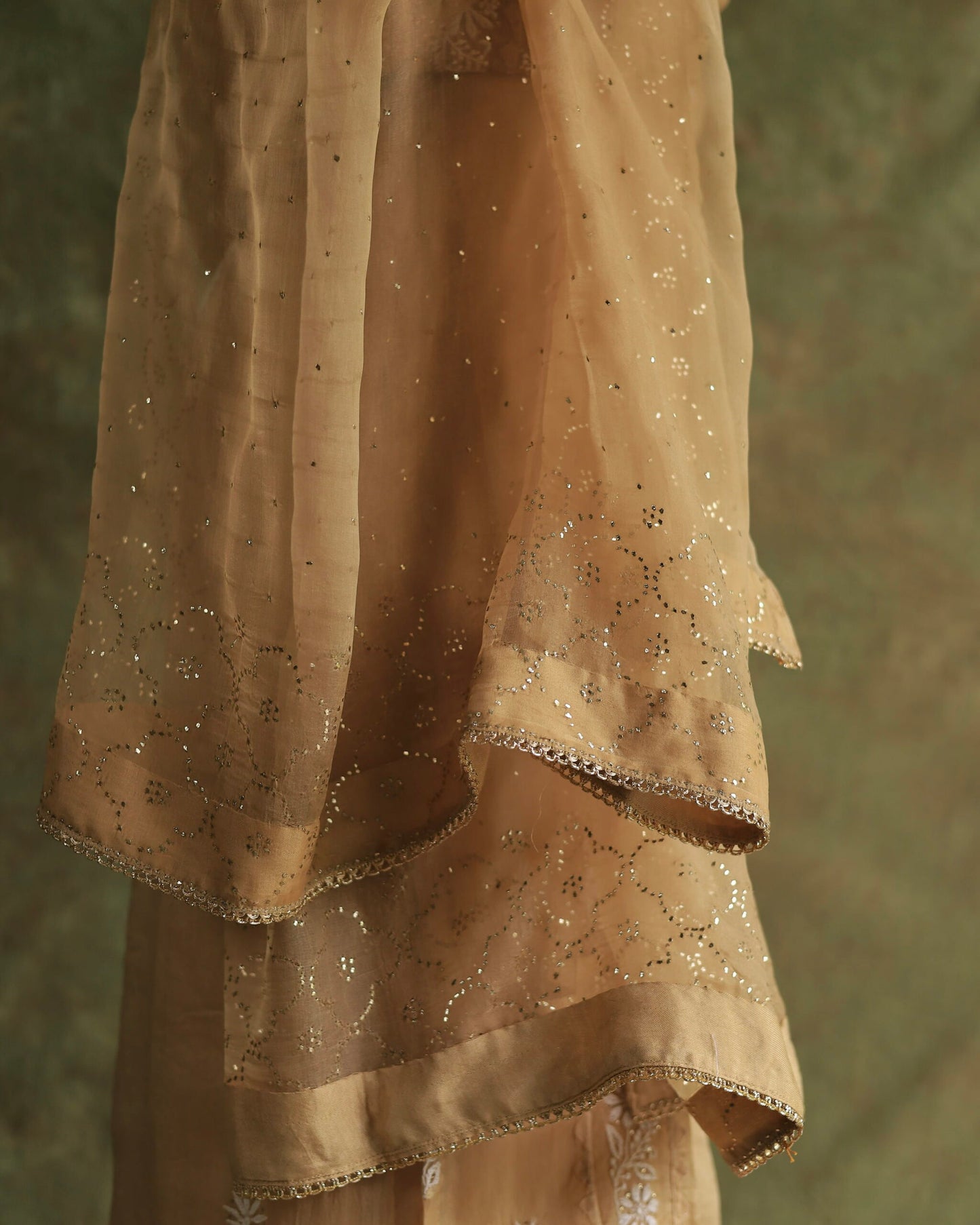 Beige Noor Organza Applique Chikankari Mukaish Kurta Dupatta Set