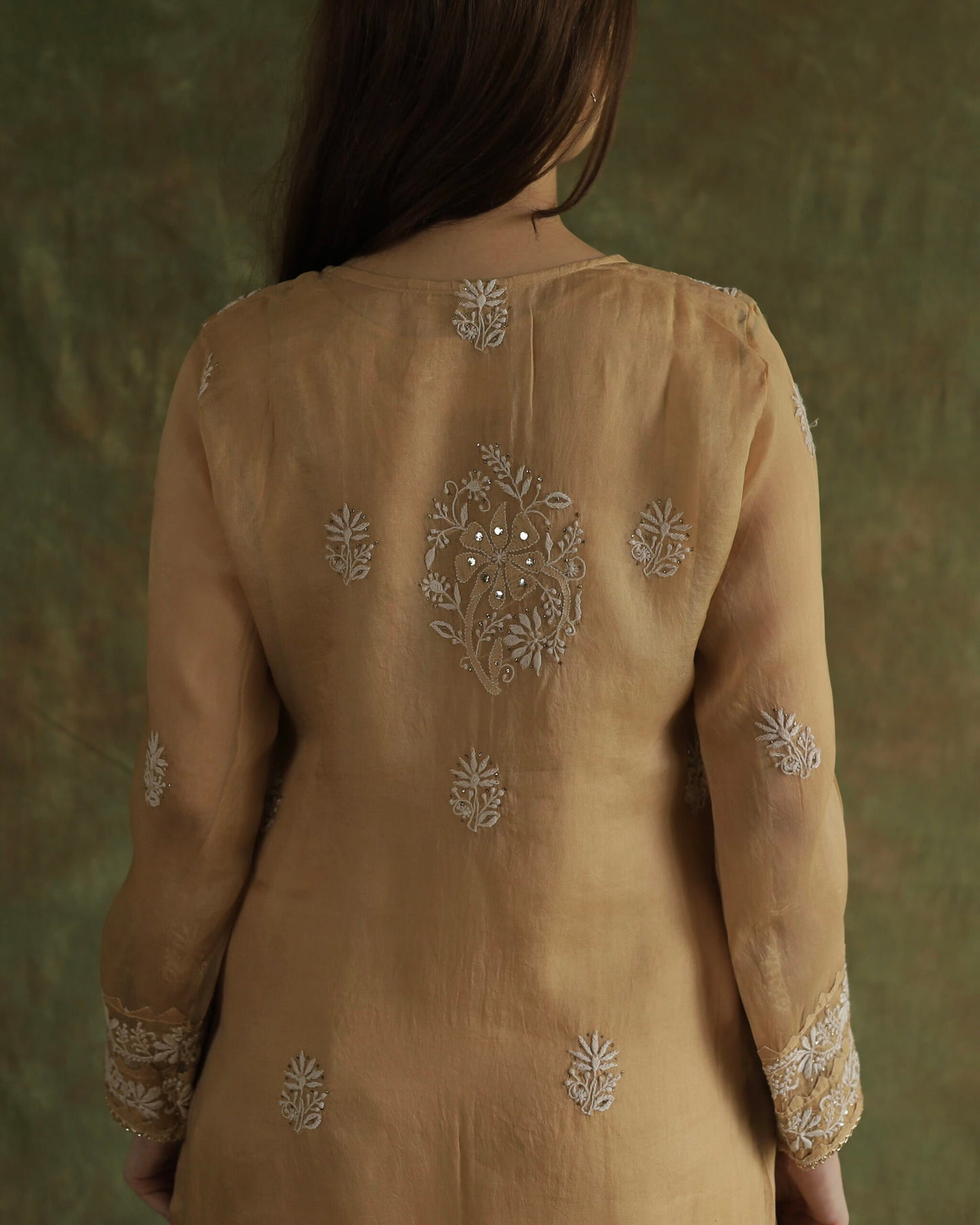 Beige Noor Organza Applique Chikankari Mukaish Kurta Dupatta Set