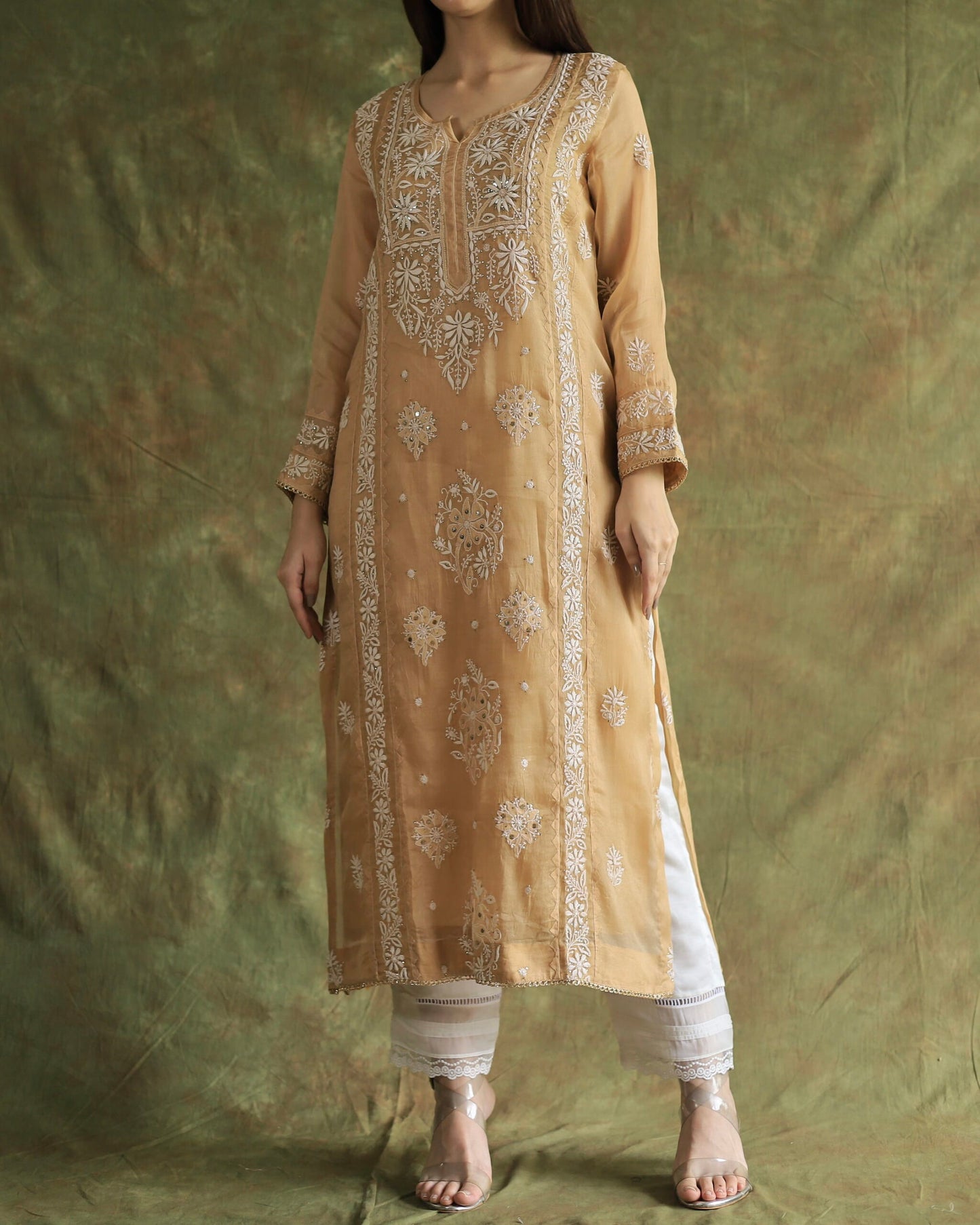 Beige Noor Organza Applique Chikankari Mukaish Kurta Dupatta Set