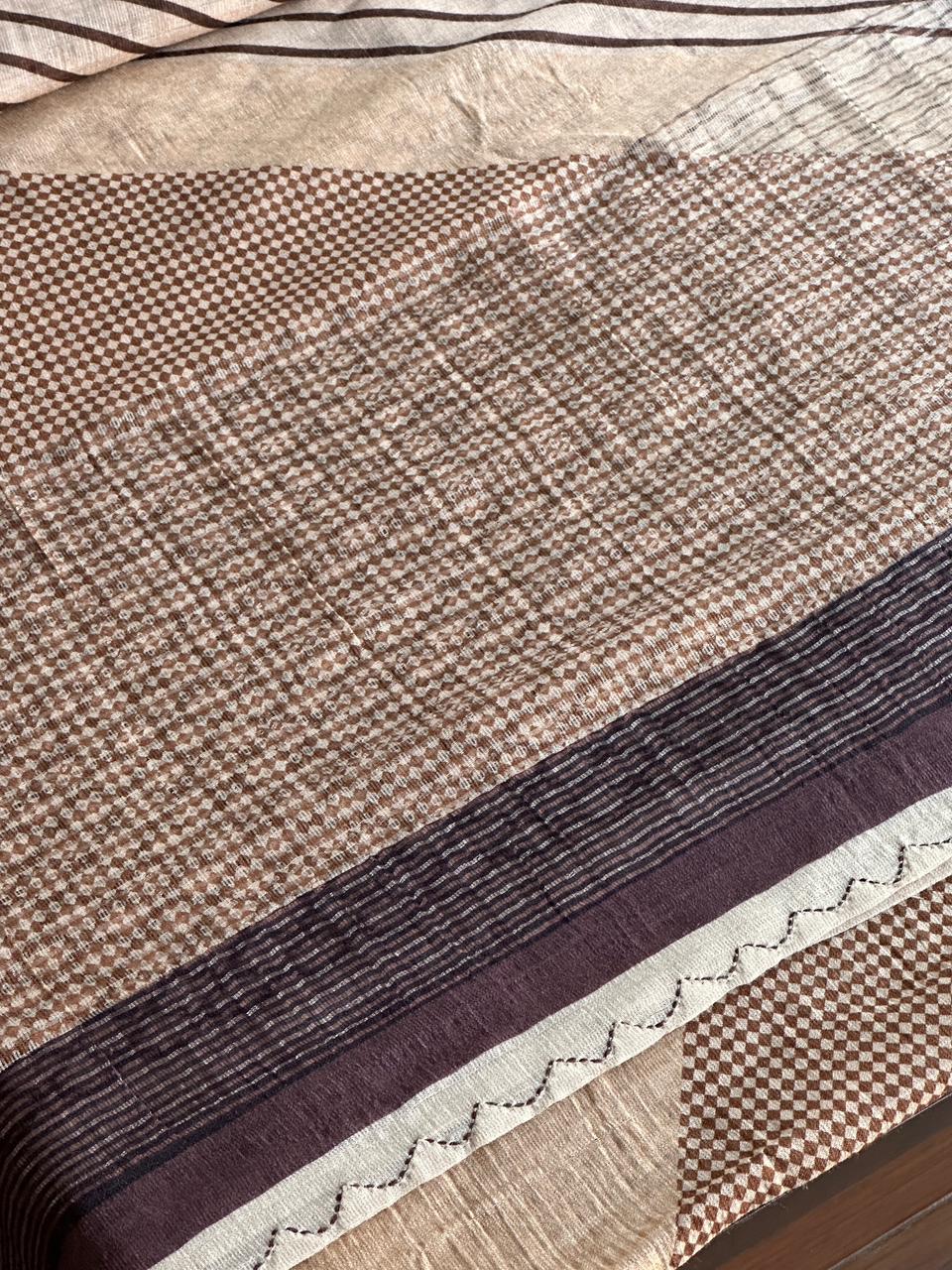 Beige Mocha Handloom Silk Woven Saree with Contrast Border & Textured Detailing