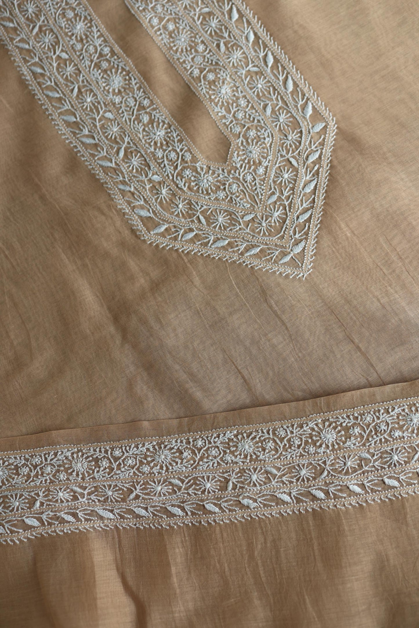 Beige Mulmul Chikankari Unstitched Men's Kurtas Fabric