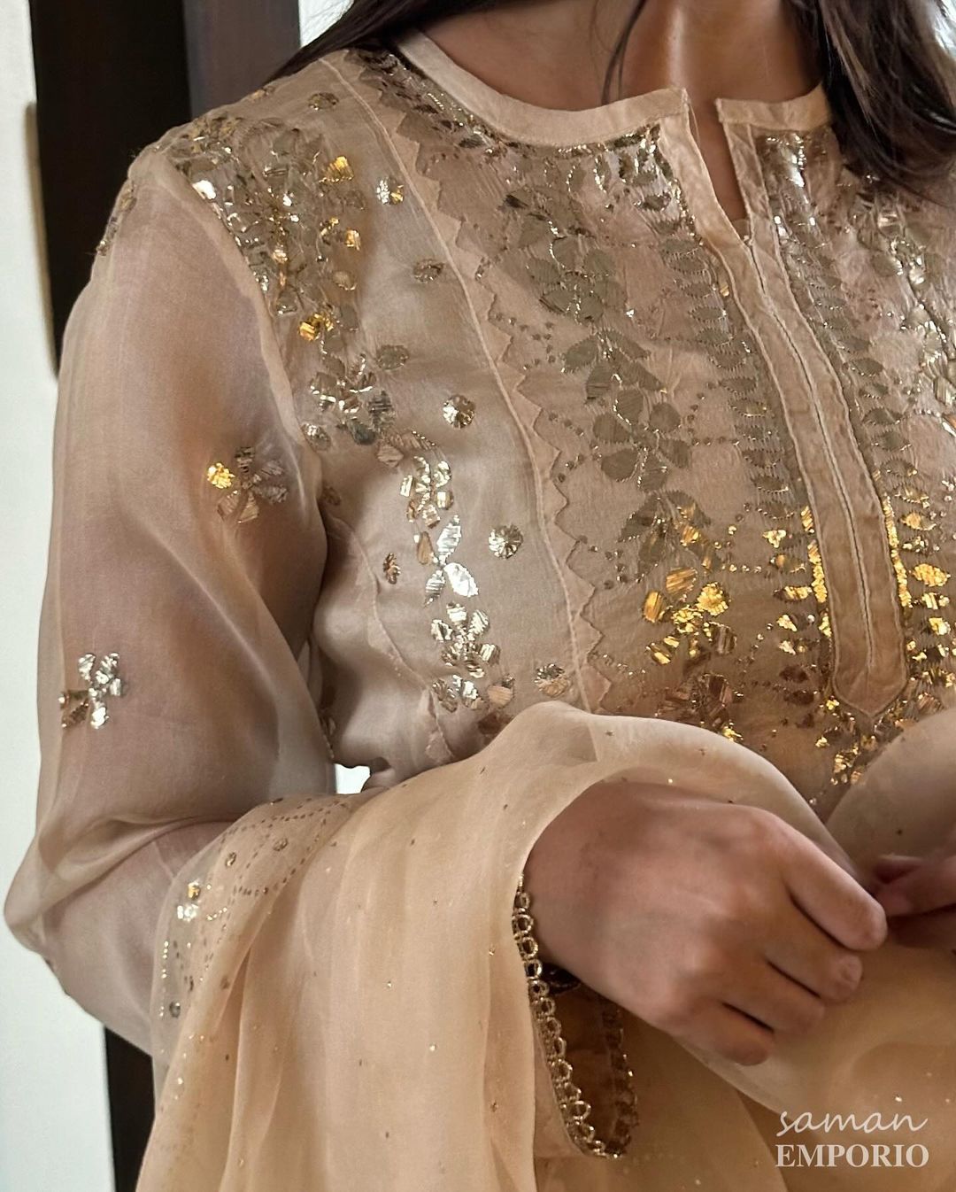 Beige Noor Organza Applique Kurta Set