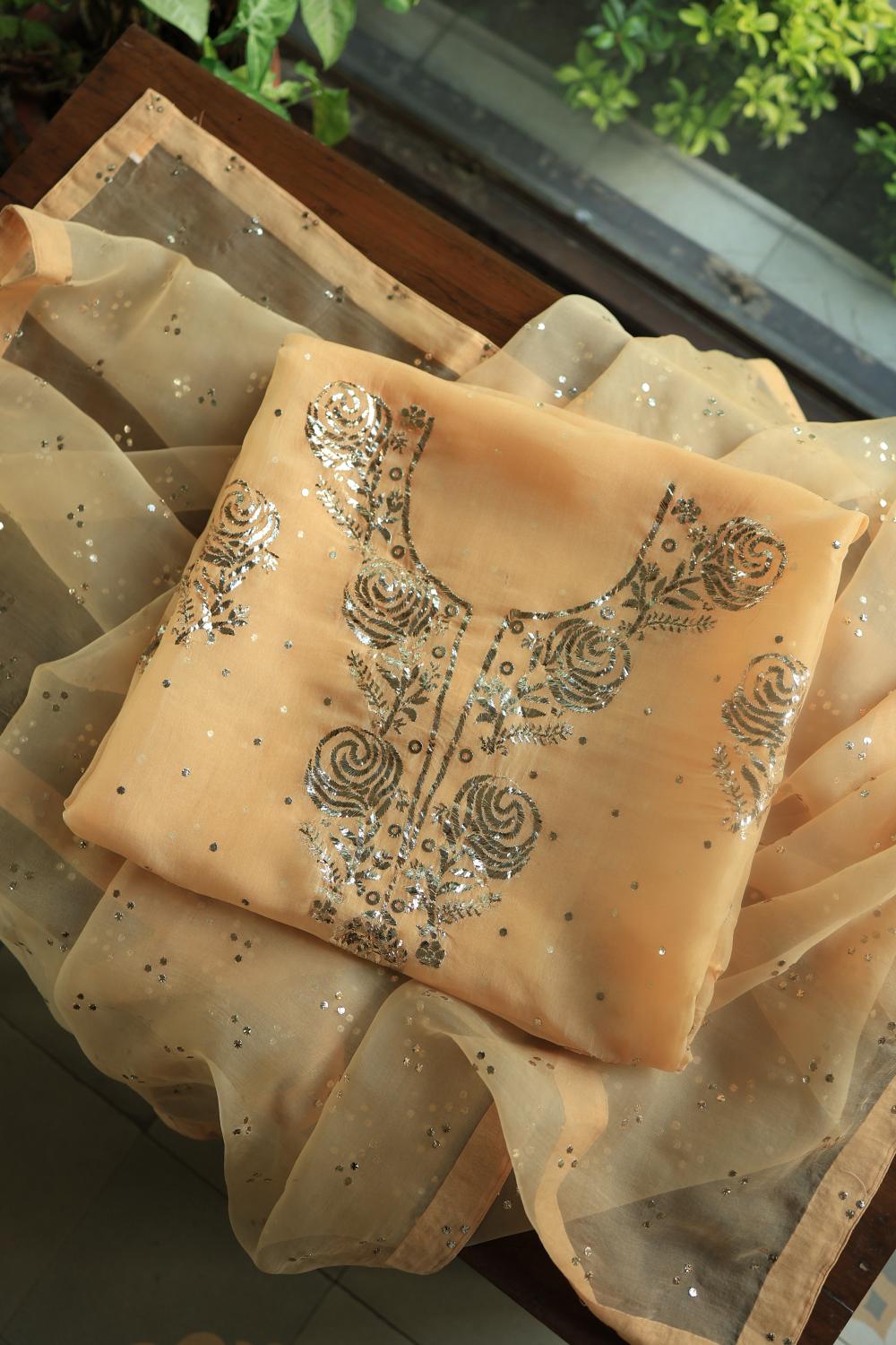 Beige Noor Organza Silk Mukaish Badla Unstitched Kurta Dupatta Set