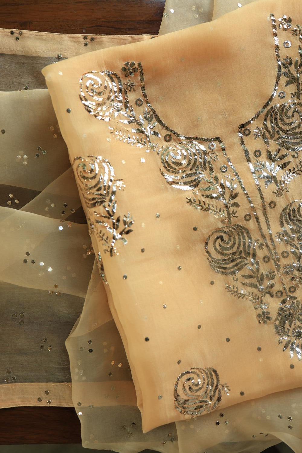Beige Noor Organza Silk Mukaish Badla Unstitched Kurta Dupatta Set