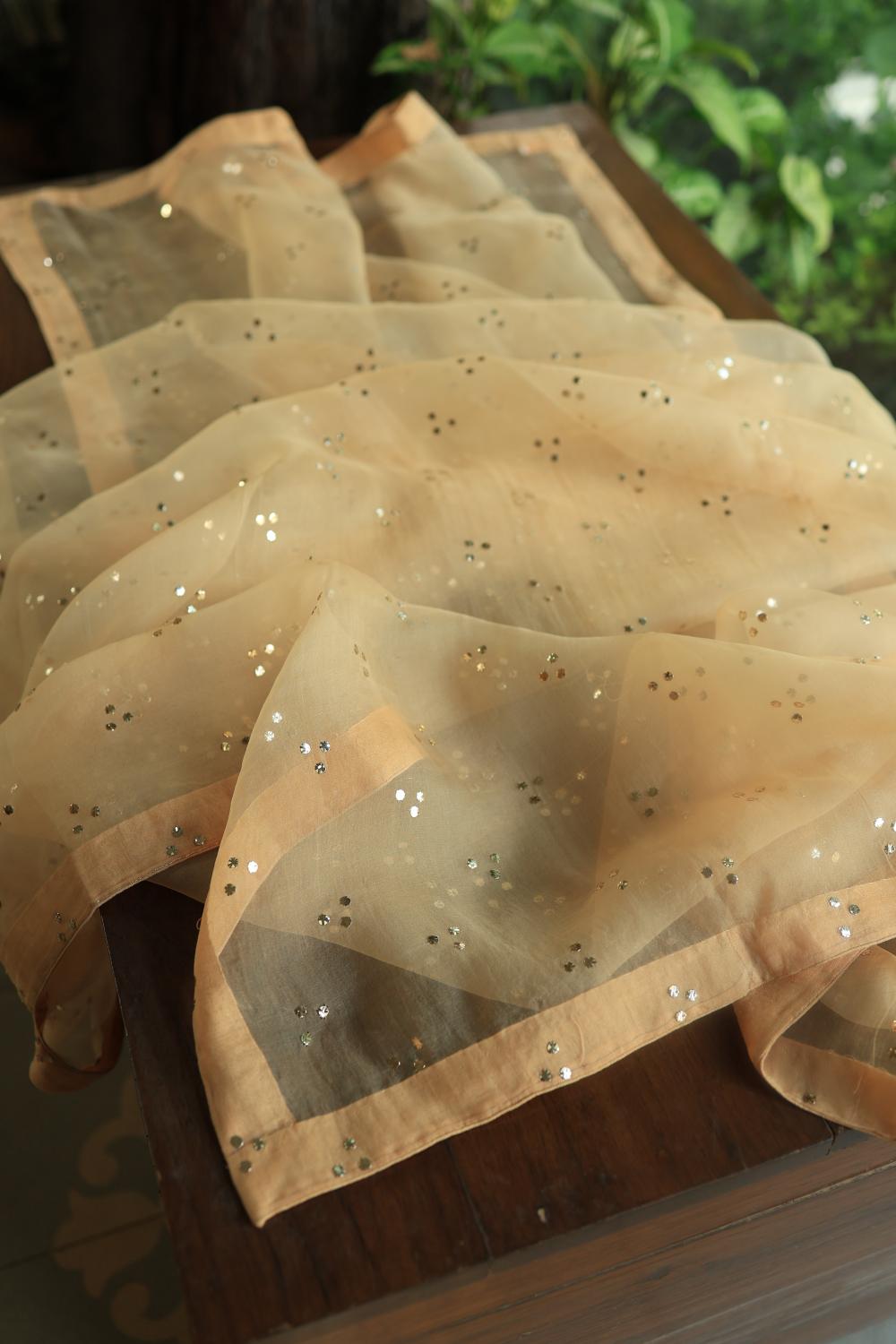 Beige Noor Organza Silk Mukaish Badla Unstitched Kurta Dupatta Set