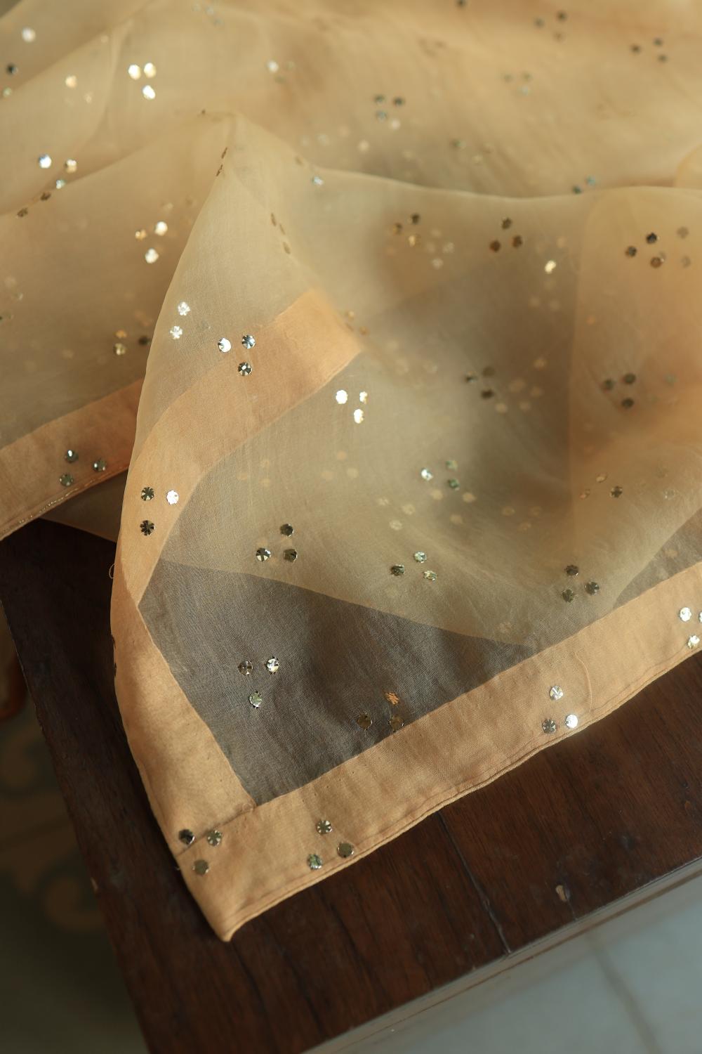 Beige Noor Organza Silk Mukaish Badla Unstitched Kurta Dupatta Set