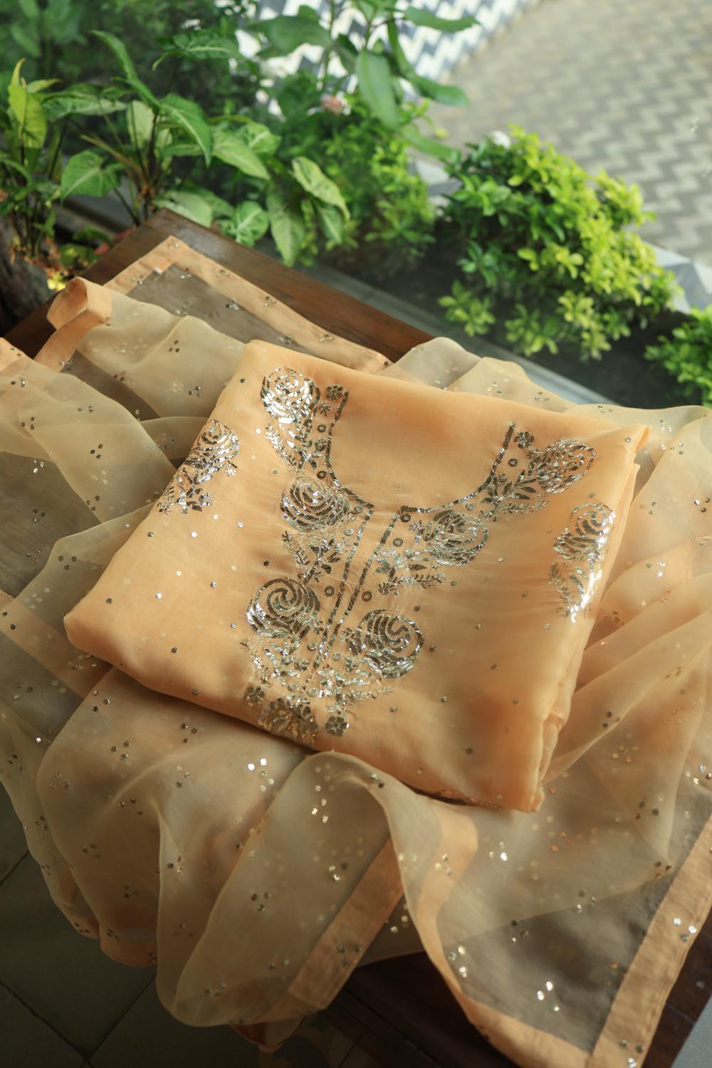 Beige Noor Organza Silk Mukaish Badla Unstitched Kurta Dupatta Set