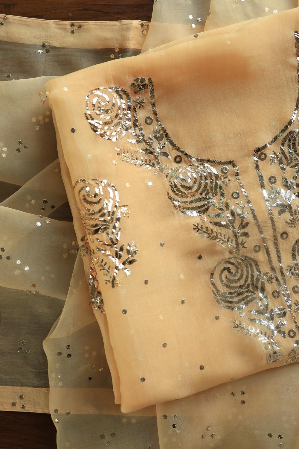 Beige Noor Organza Silk Mukaish Badla Unstitched Kurta Dupatta Set