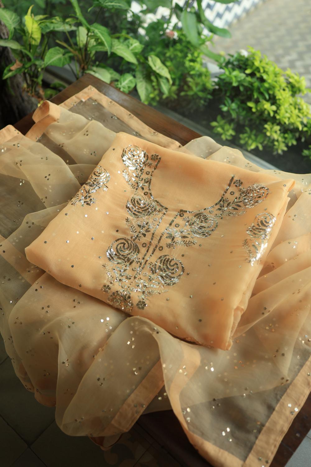 Beige Noor Organza Silk Mukaish Badla Unstitched Kurta Dupatta Set