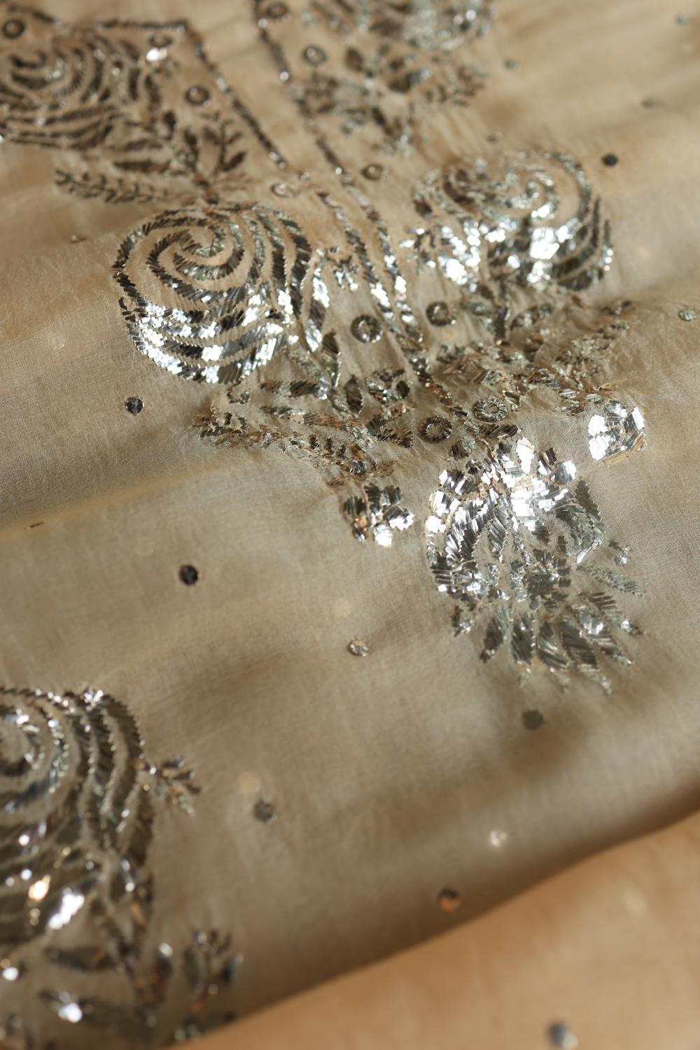Beige Noor Organza Silk Mukaish Badla Unstitched Kurta Dupatta Set
