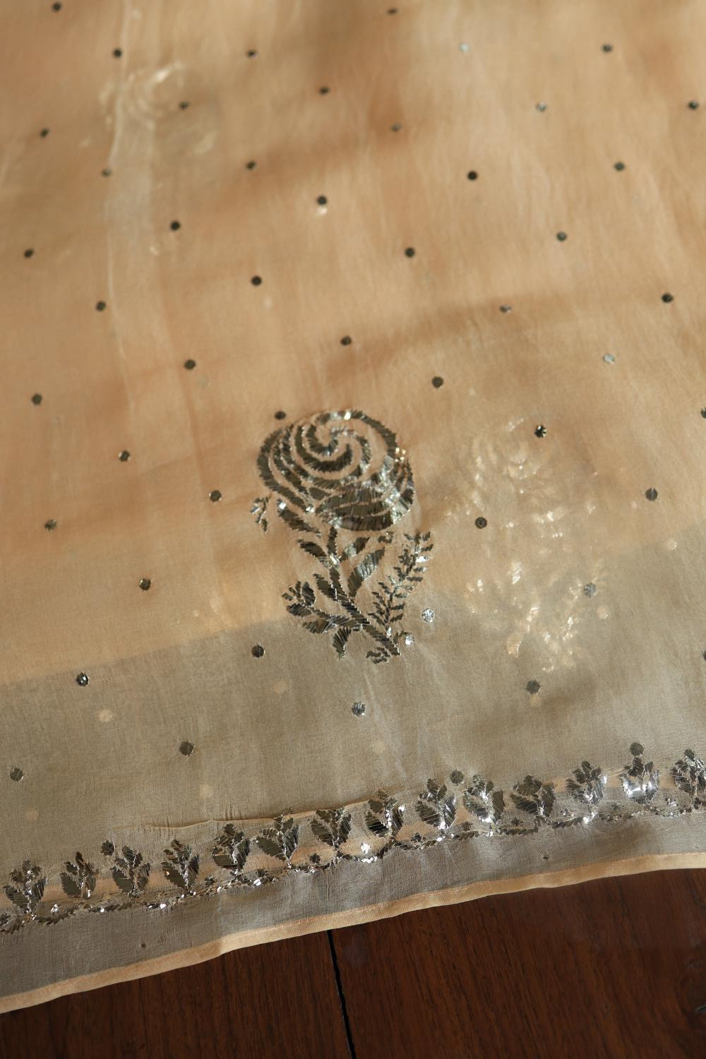 Beige Noor Organza Silk Mukaish Badla Unstitched Kurta Dupatta Set