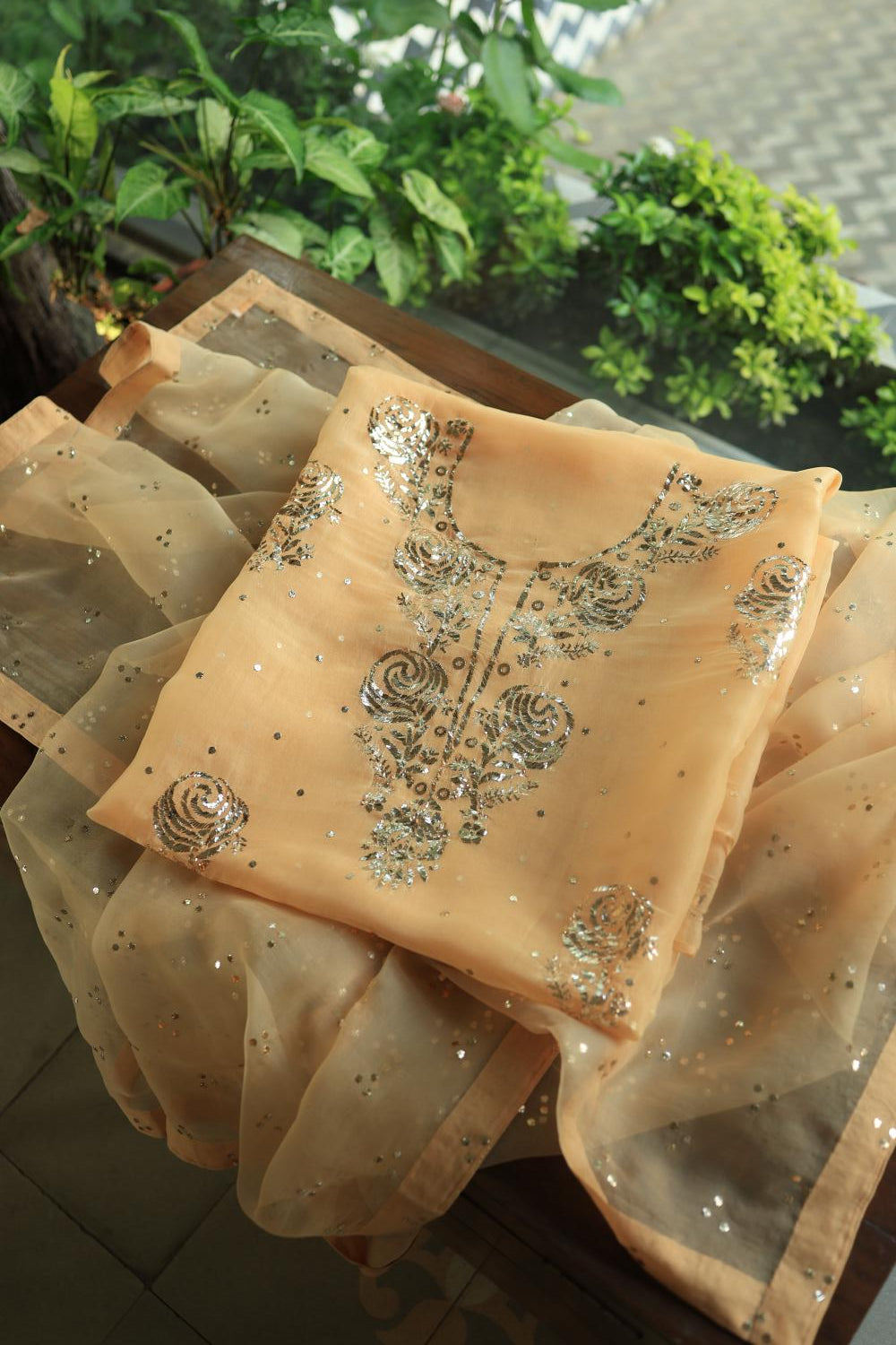 Beige Noor Organza Silk Mukaish Badla Unstitched Kurta Dupatta Set